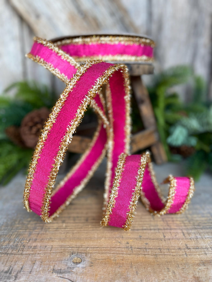 1" Hot Pink &amp; Gold Ribbon, Christmas Ribbon, Farrisilk ribbon