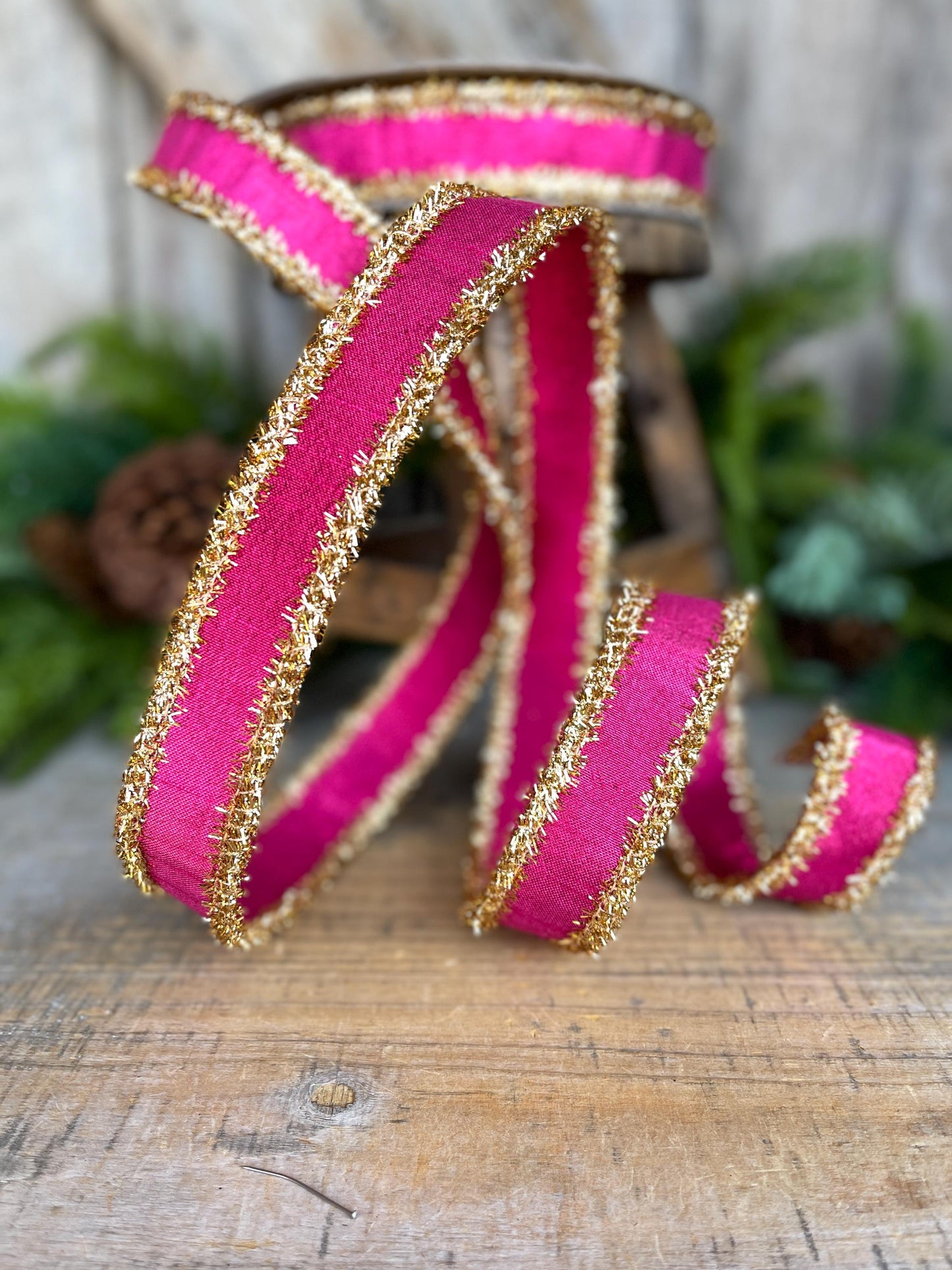 1" Hot Pink & Gold Ribbon, Christmas Ribbon, Farrisilk ribbon, 1" x 10 yards, RK790-15, RK790-15