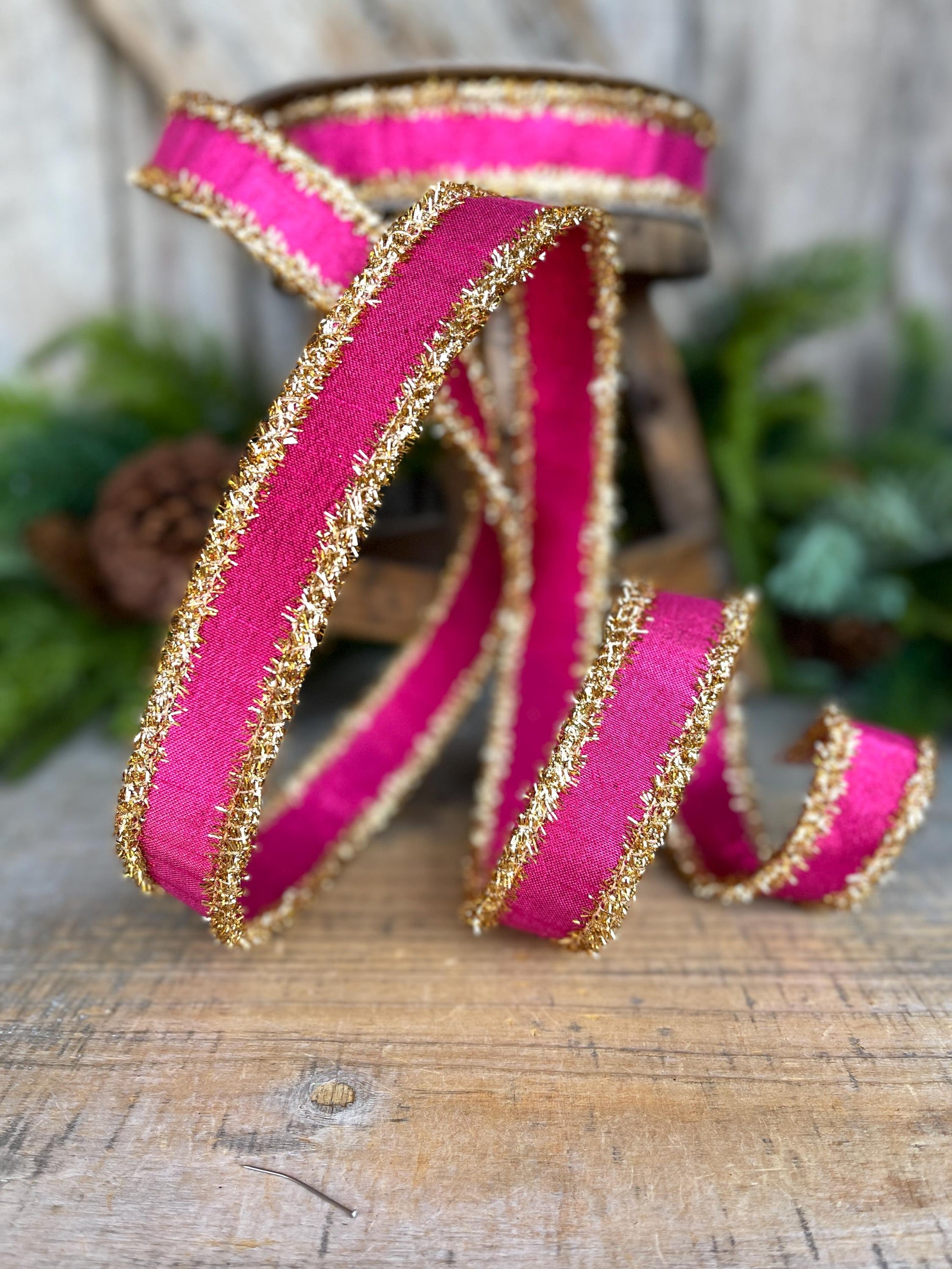 1" Hot Pink & Gold Ribbon, Christmas Ribbon, Farrisilk ribbon, 1" x 10 yards, RK790-15, RK790-15