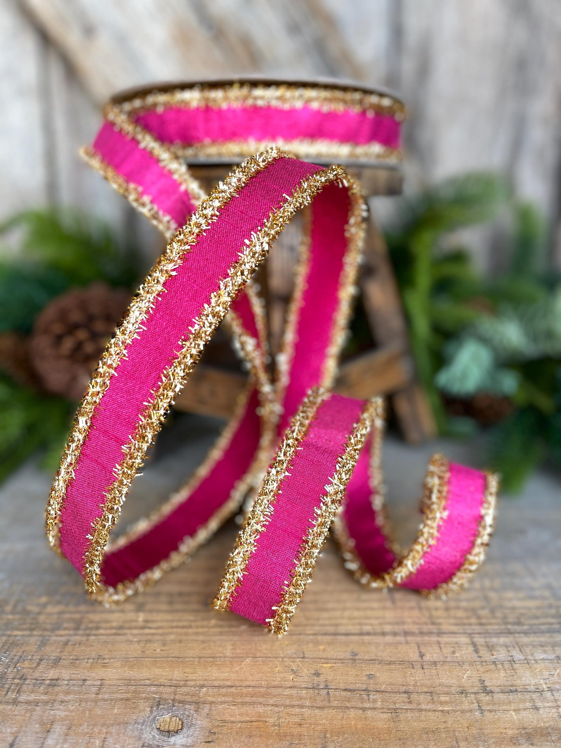 1" Hot Pink & Gold Ribbon, Christmas Ribbon, Farrisilk ribbon, 1" x 10 yards, RK790-15, RK790-15