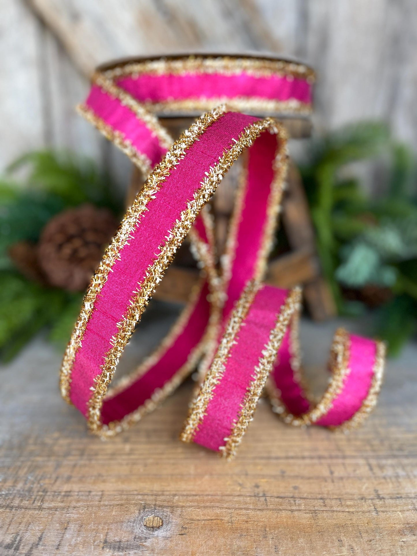 1" Hot Pink & Gold Ribbon, Christmas Ribbon, Farrisilk ribbon, 1" x 10 yards, RK790-15, RK790-15