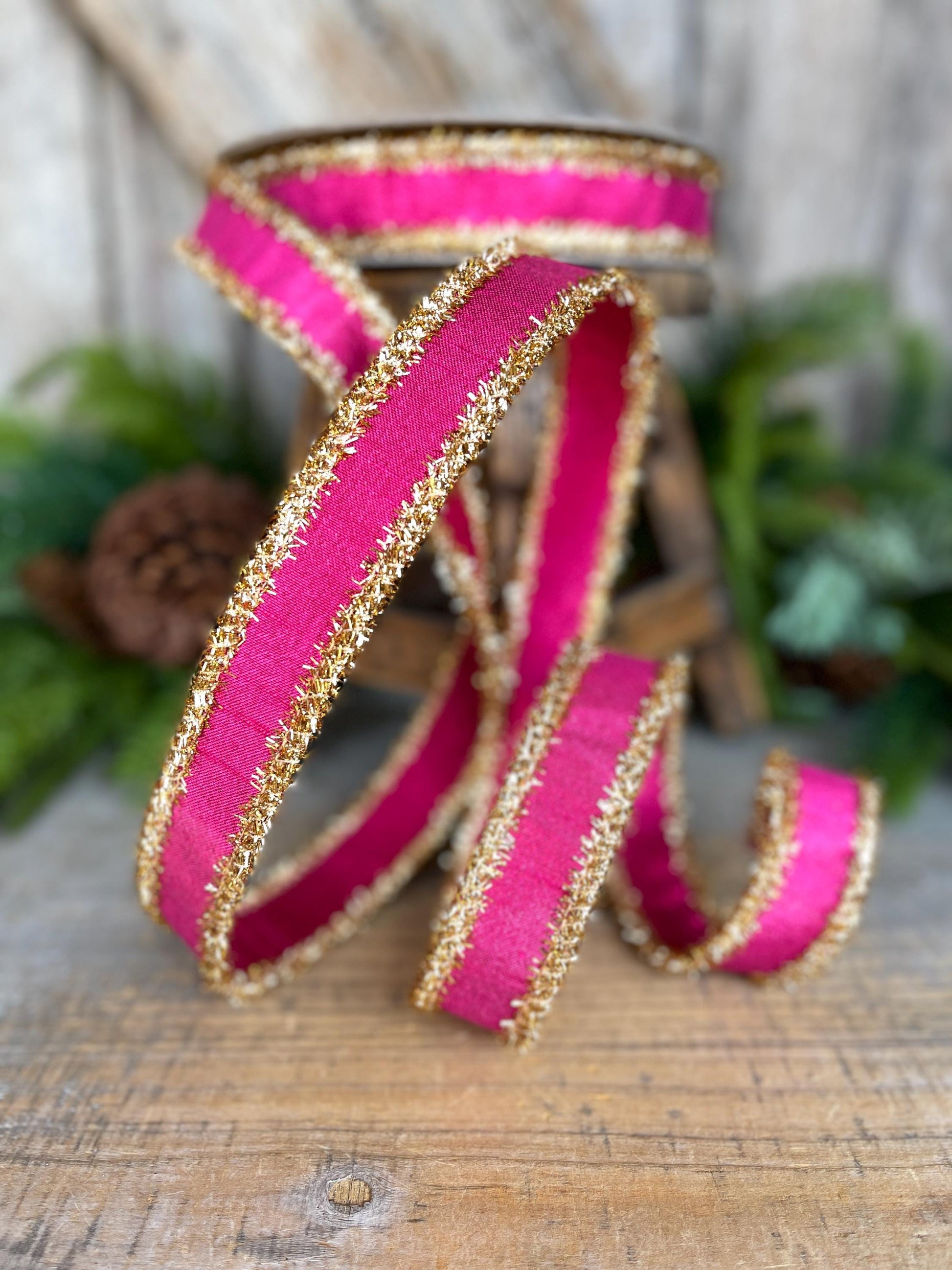 1" Hot Pink & Gold Ribbon, Christmas Ribbon, Farrisilk ribbon, 1" x 10 yards, RK790-15, RK790-15