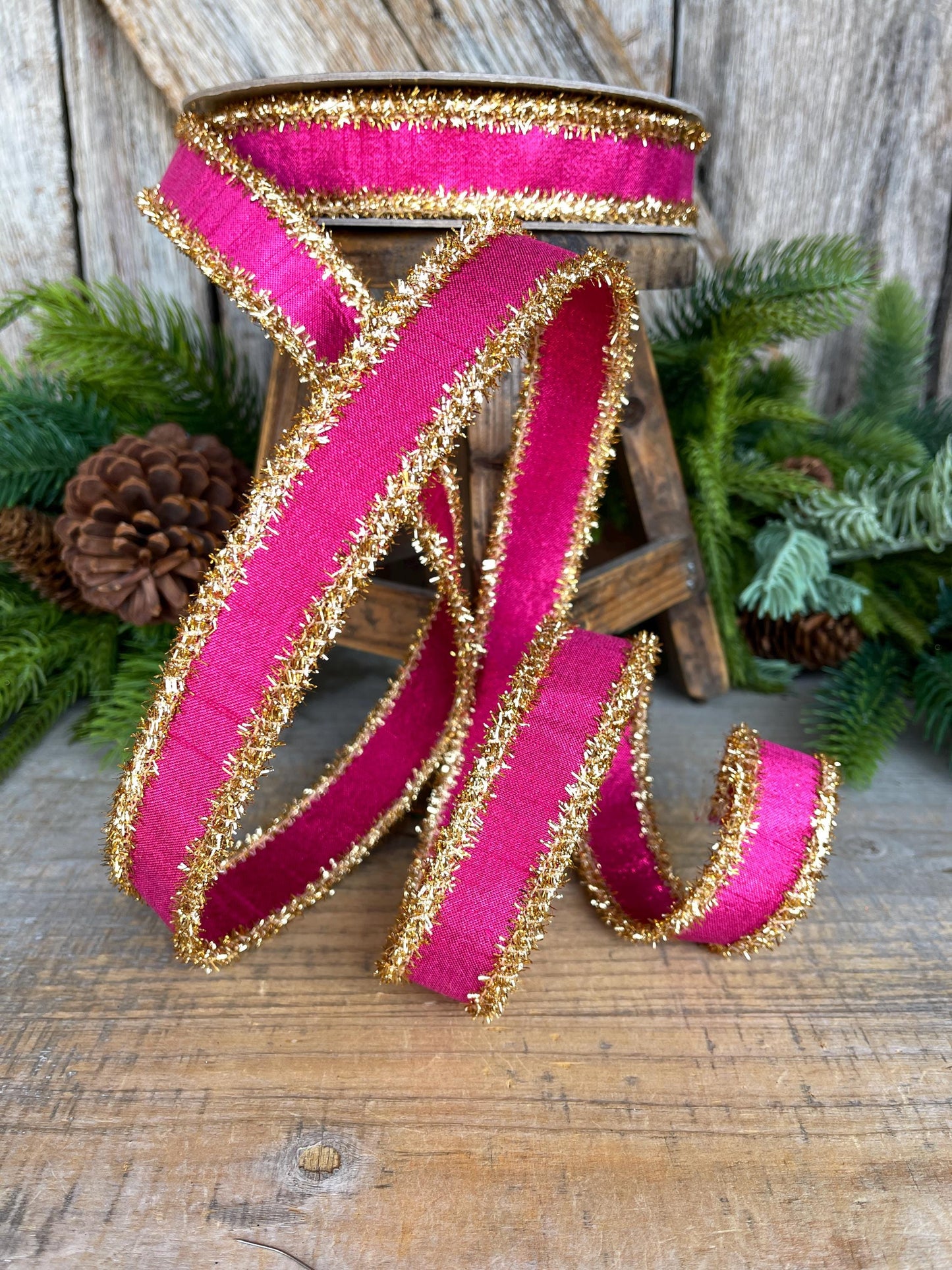 1" Hot Pink & Gold Ribbon, Christmas Ribbon, Farrisilk ribbon, 1" x 10 yards, RK790-15, RK790-15