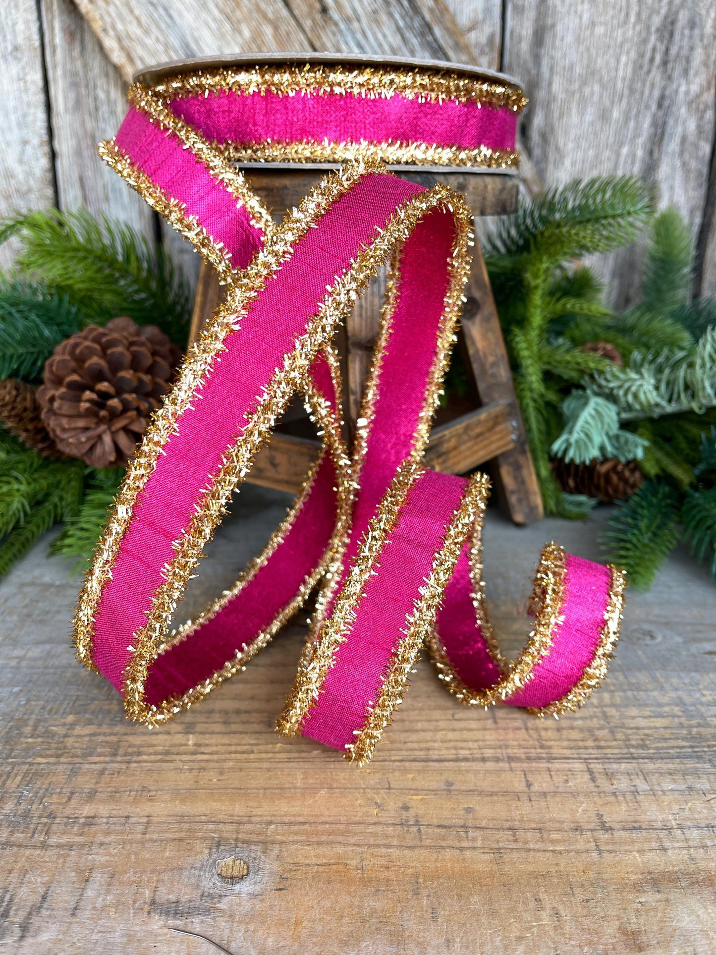 1" Hot Pink & Gold Ribbon, Christmas Ribbon, Farrisilk ribbon, 1" x 10 yards, RK790-15, RK790-15