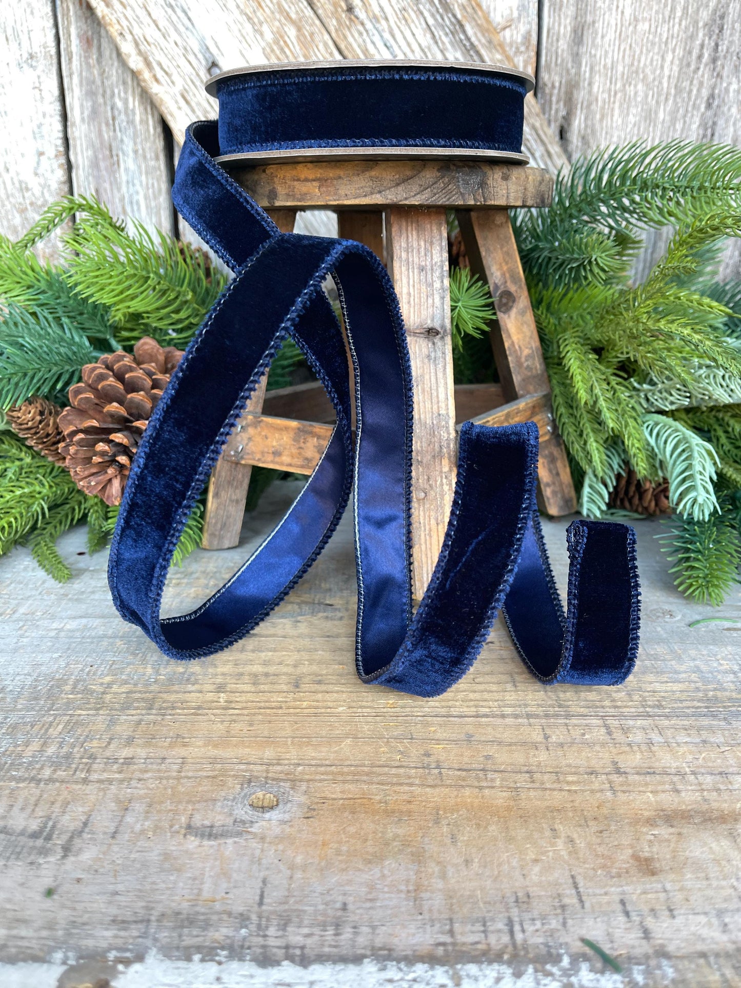 Navy Blue Velvet Wired Ribbon: 1-inch, 10 Yards, Christmas Bow Supply