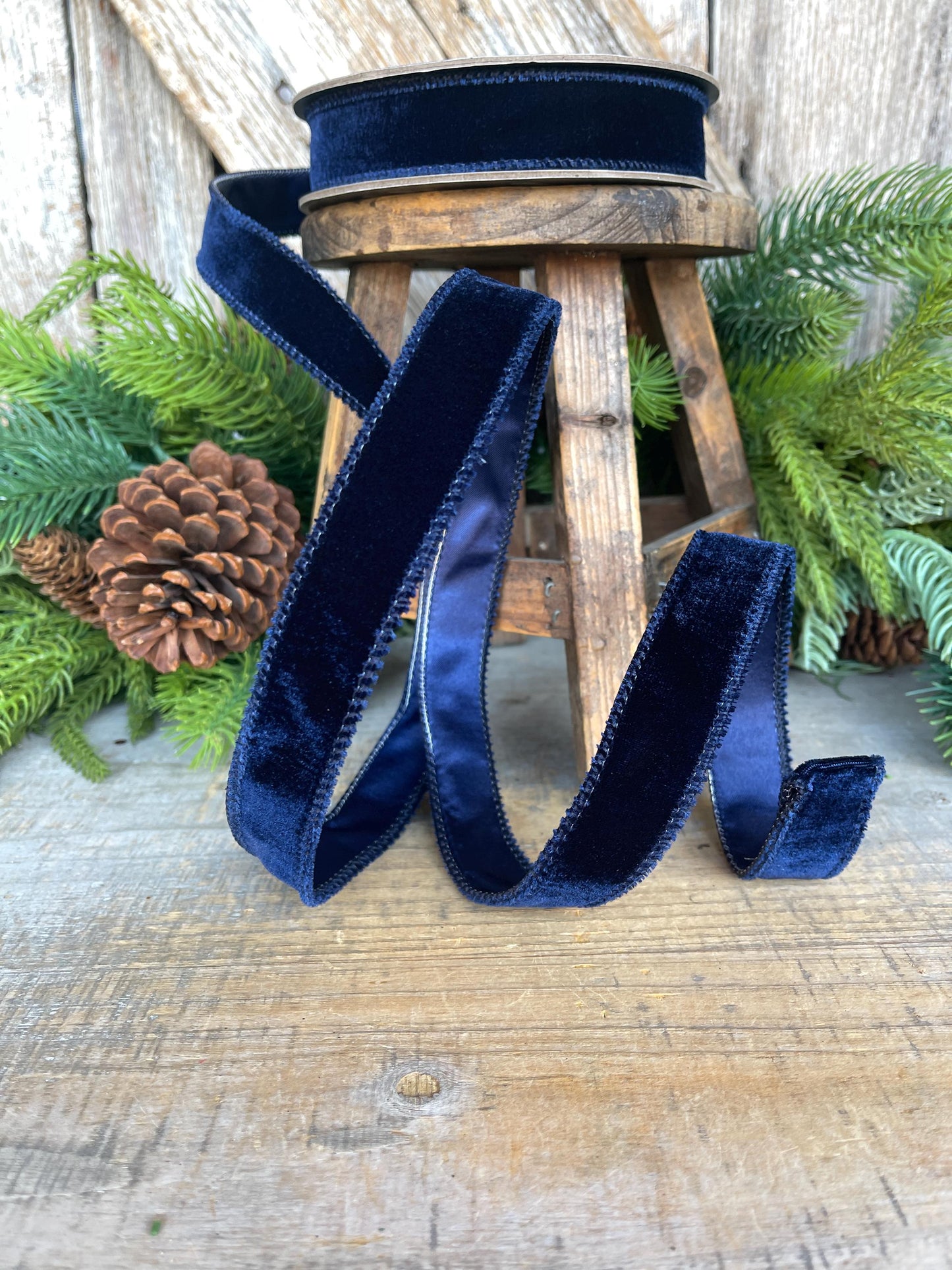 Navy Blue Velvet Wired Ribbon: 1-inch, 10 Yards, Christmas Bow Supply