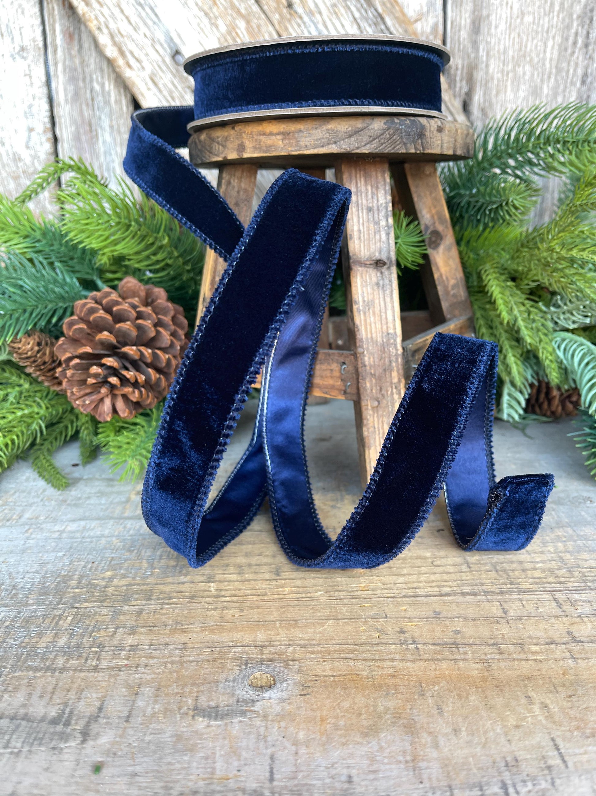 Navy Blue Velvet Wired Ribbon: 1-inch, 10 Yards, Christmas Bow Supply