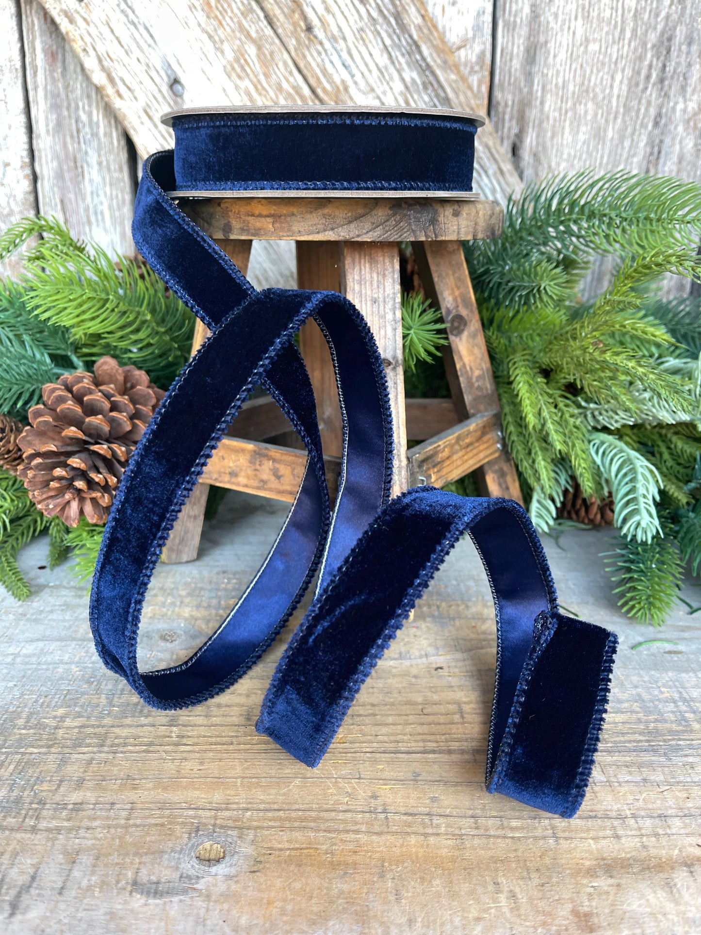 Navy Blue Velvet Wired Ribbon: 1-inch, 10 Yards, Christmas Bow Supply