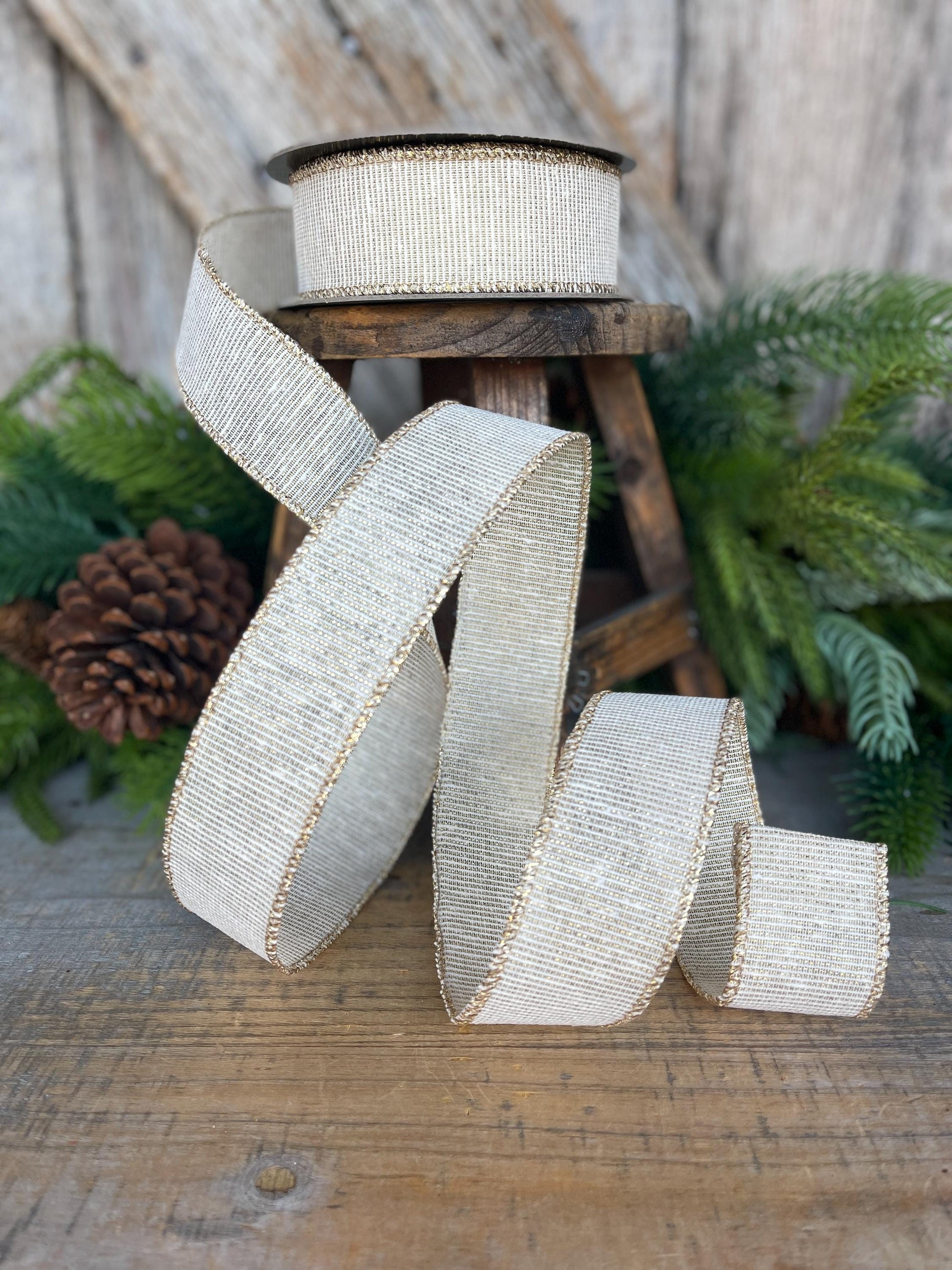 1.5" Ivory Gold Linen Textured Ribbon, Ivory Christmas Ribbon, Gift Wrap Ribbon