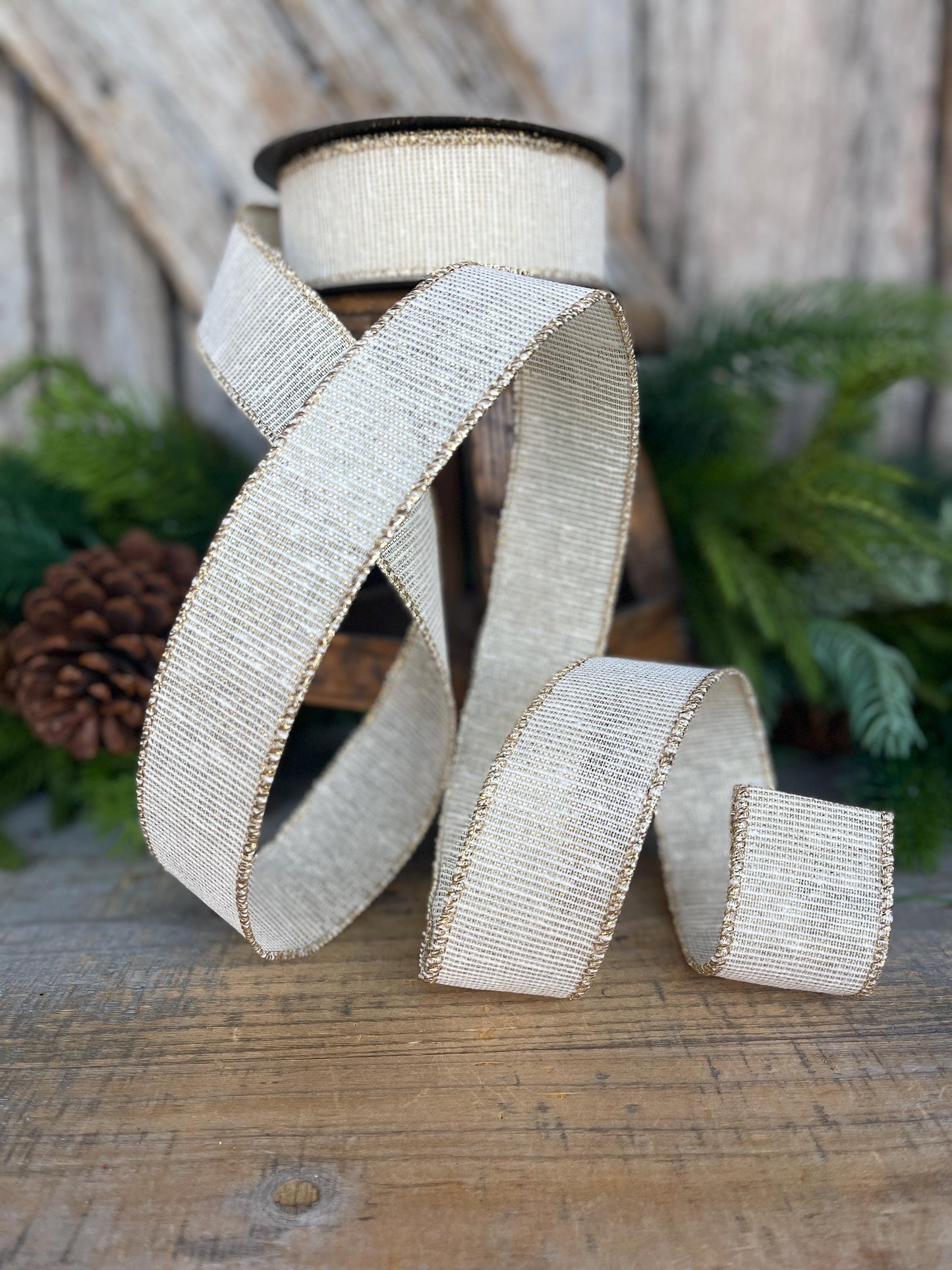 1.5" Ivory Gold Linen Textured Ribbon, Ivory Christmas Ribbon, Gift Wrap Ribbon