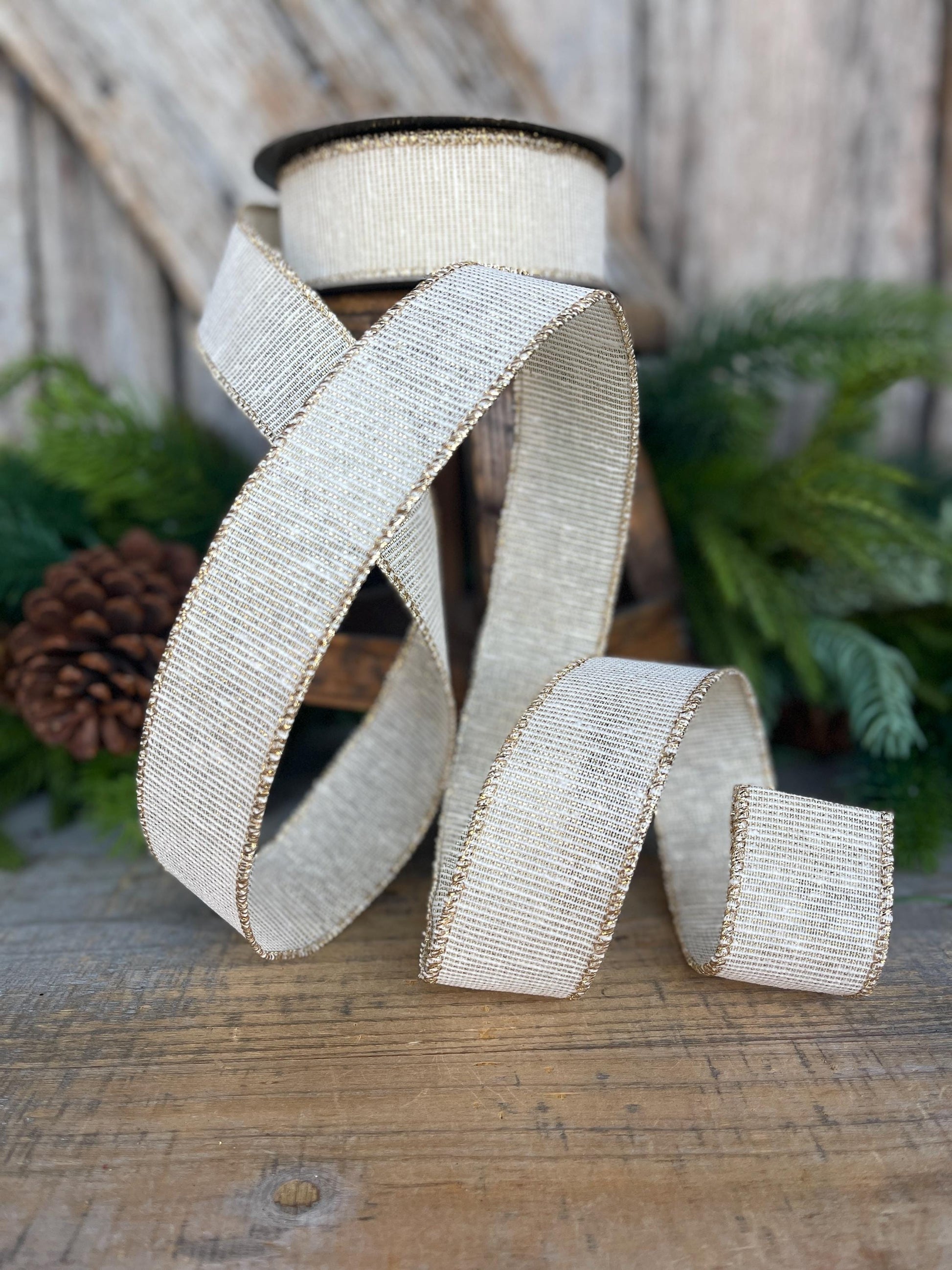 1.5" Ivory Gold Linen Textured Ribbon, Ivory Christmas Ribbon, Gift Wrap Ribbon