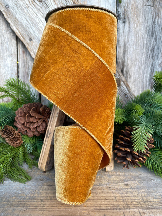 4" Antique Gold Wired Ribbon, Velvet Ribbon, Christmas Velvet Ribbon, 10 Yards