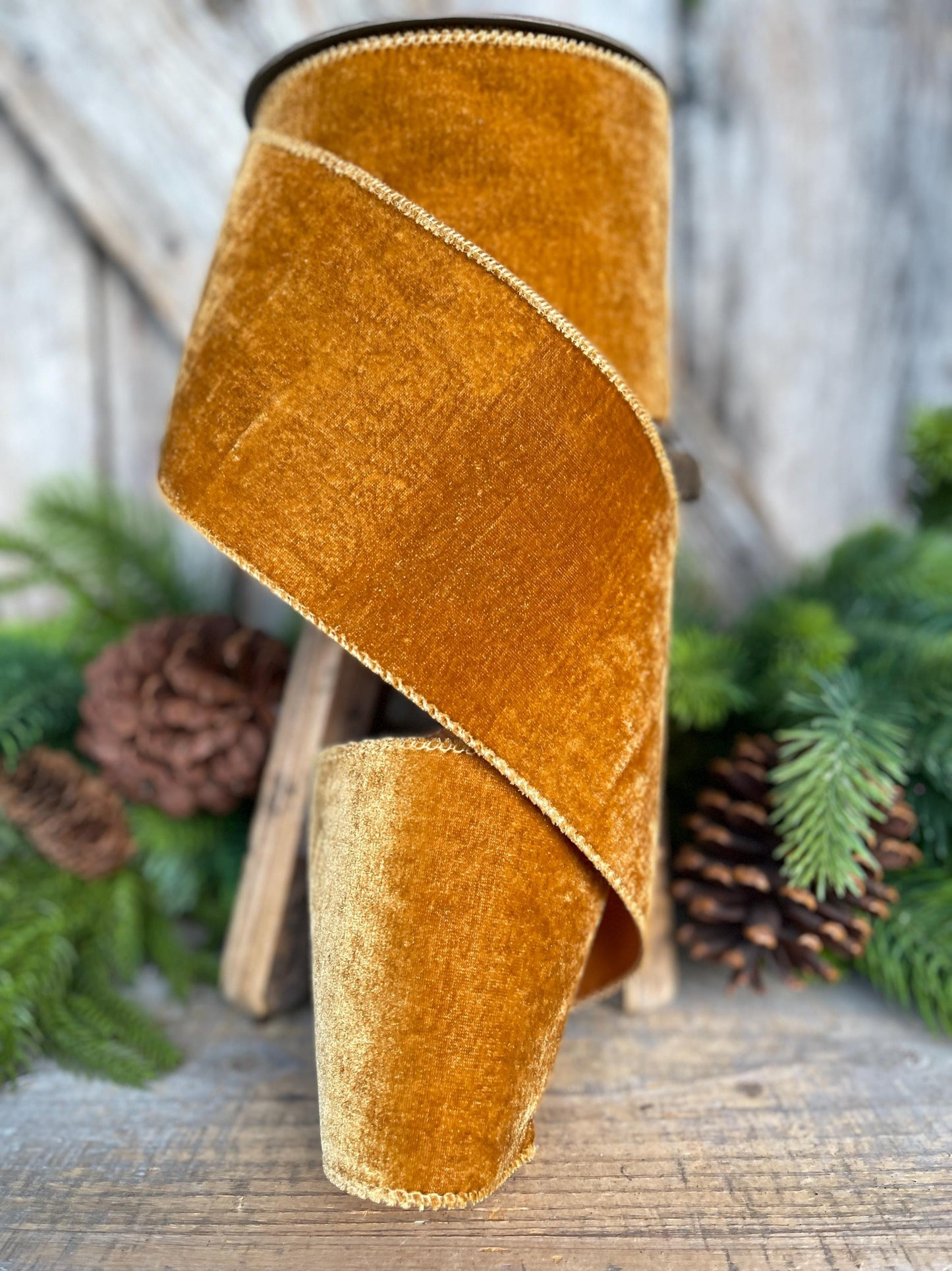 4" Antique Gold Wired Ribbon, Velvet Ribbon, Christmas Velvet Ribbon, 10 Yards
