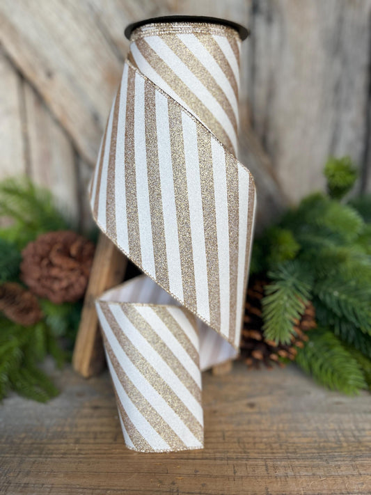 4" Gold Ribbon Stripe Ribbon, Gold White Christmas Ribbon, 10 Yards