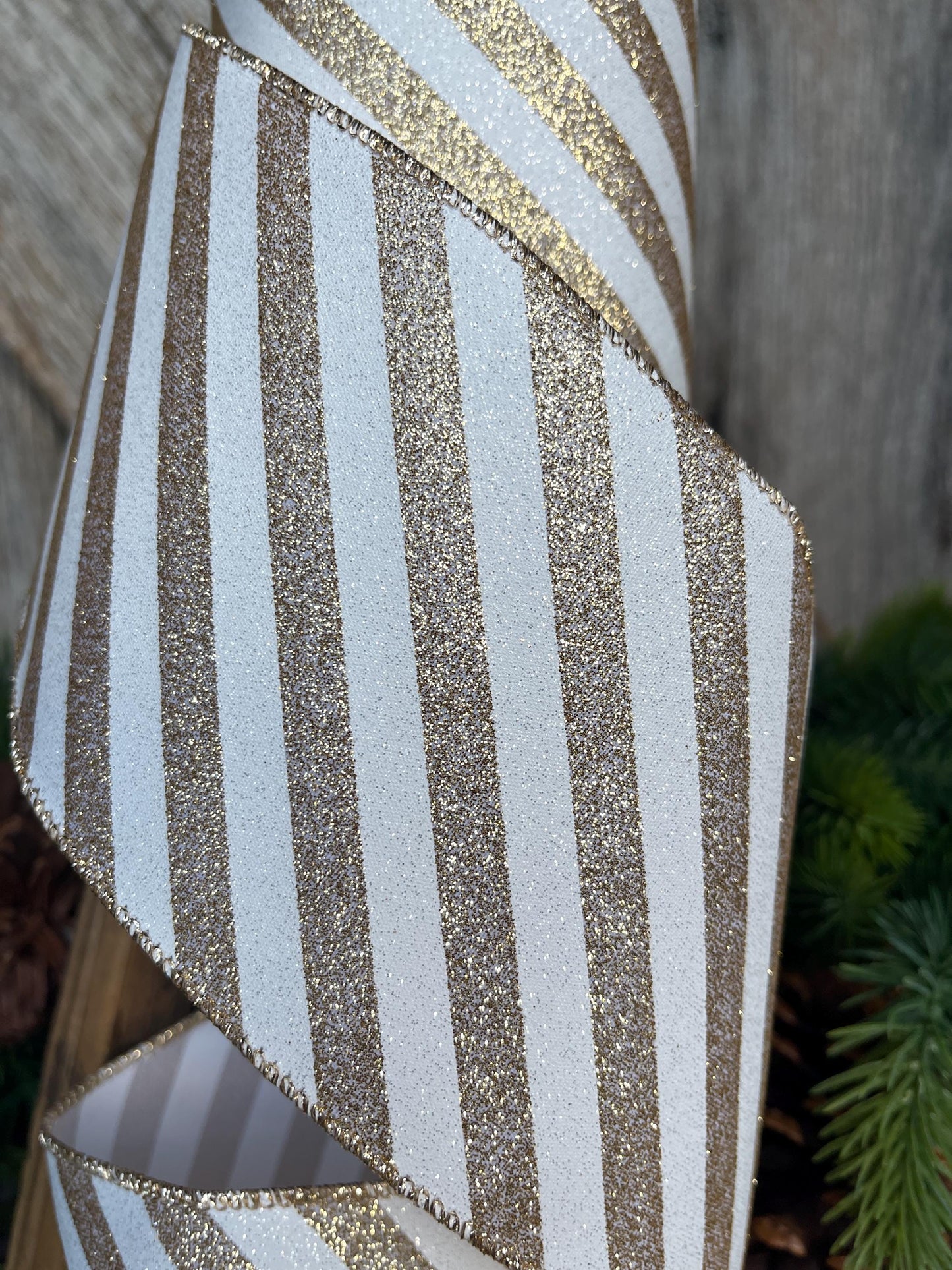 4" Gold Ribbon Stripe Ribbon, Gold White Christmas Ribbon, 10 Yards