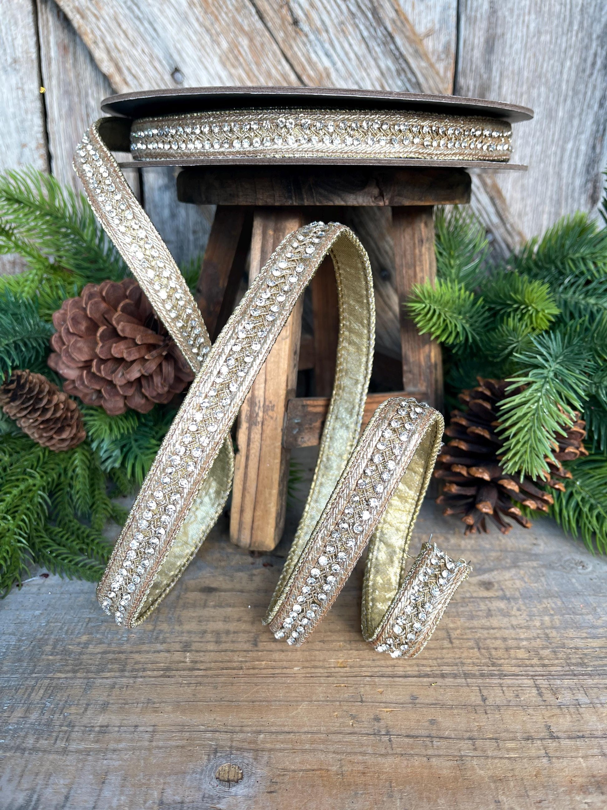 3/4" Gold Jeweled Ribbon, Metallic Gold Christmas Ribbon