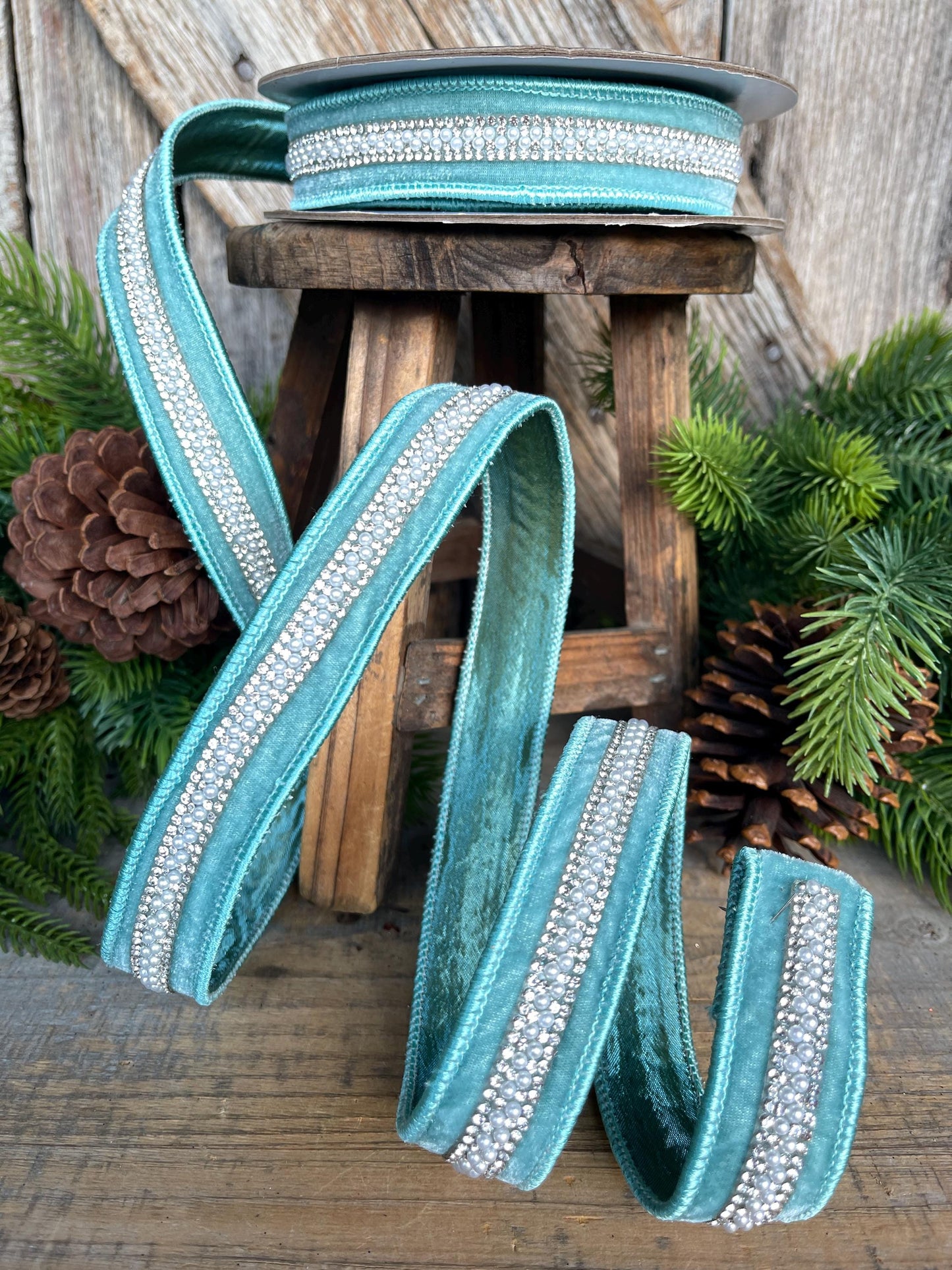 1" Teal Velvet with jewel and pearl stripe, Teal Christmas Ribbon, Designer RIbbon
