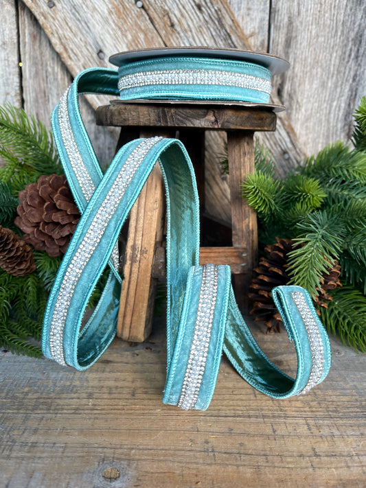 1" Teal Velvet with jewel and pearl stripe, Teal Christmas Ribbon, Designer RIbbon
