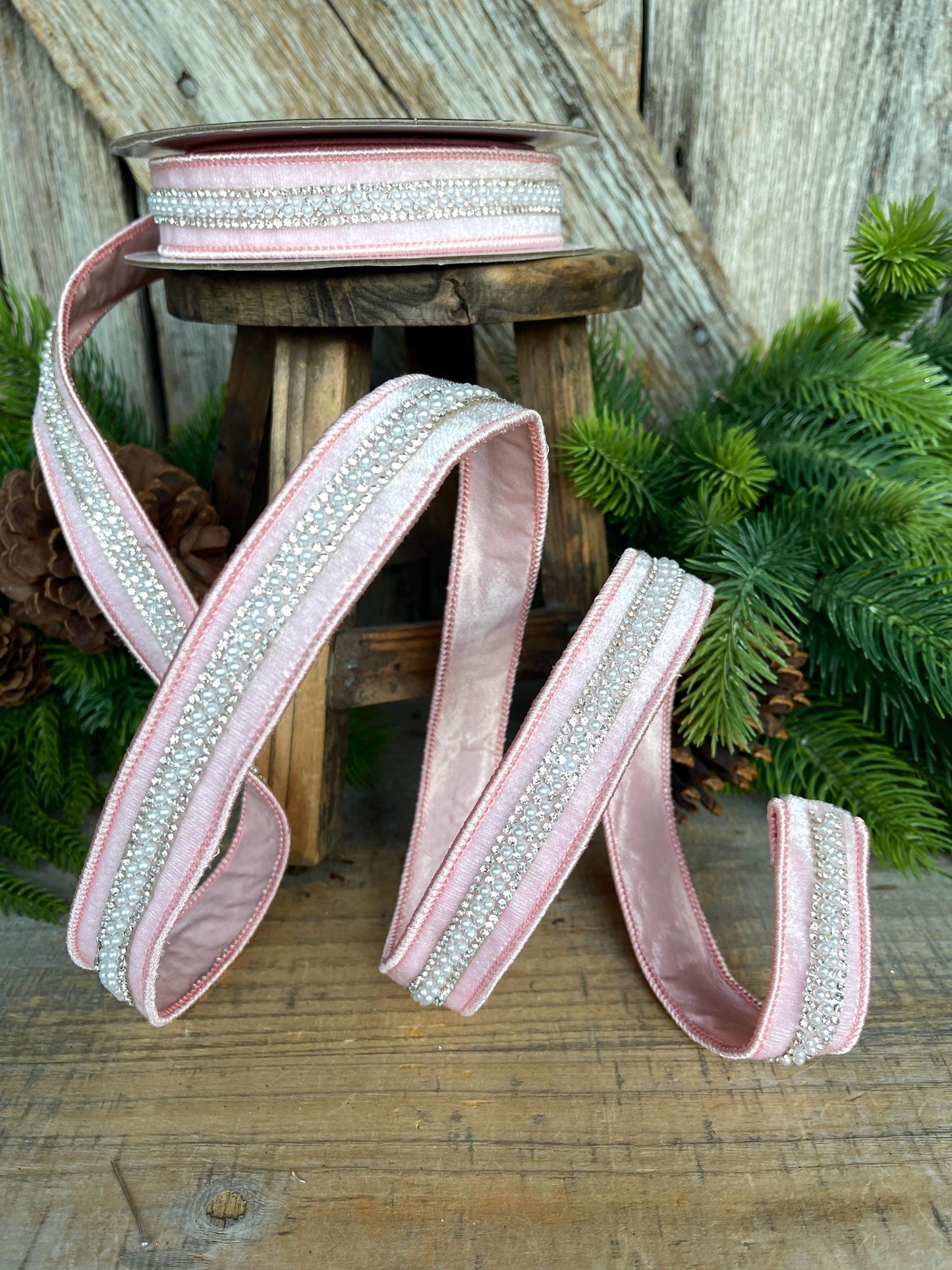 1" Pink Velvet with jewel and pearl stripe, Baby Pink Christmas Ribbon, Designer RIbbon