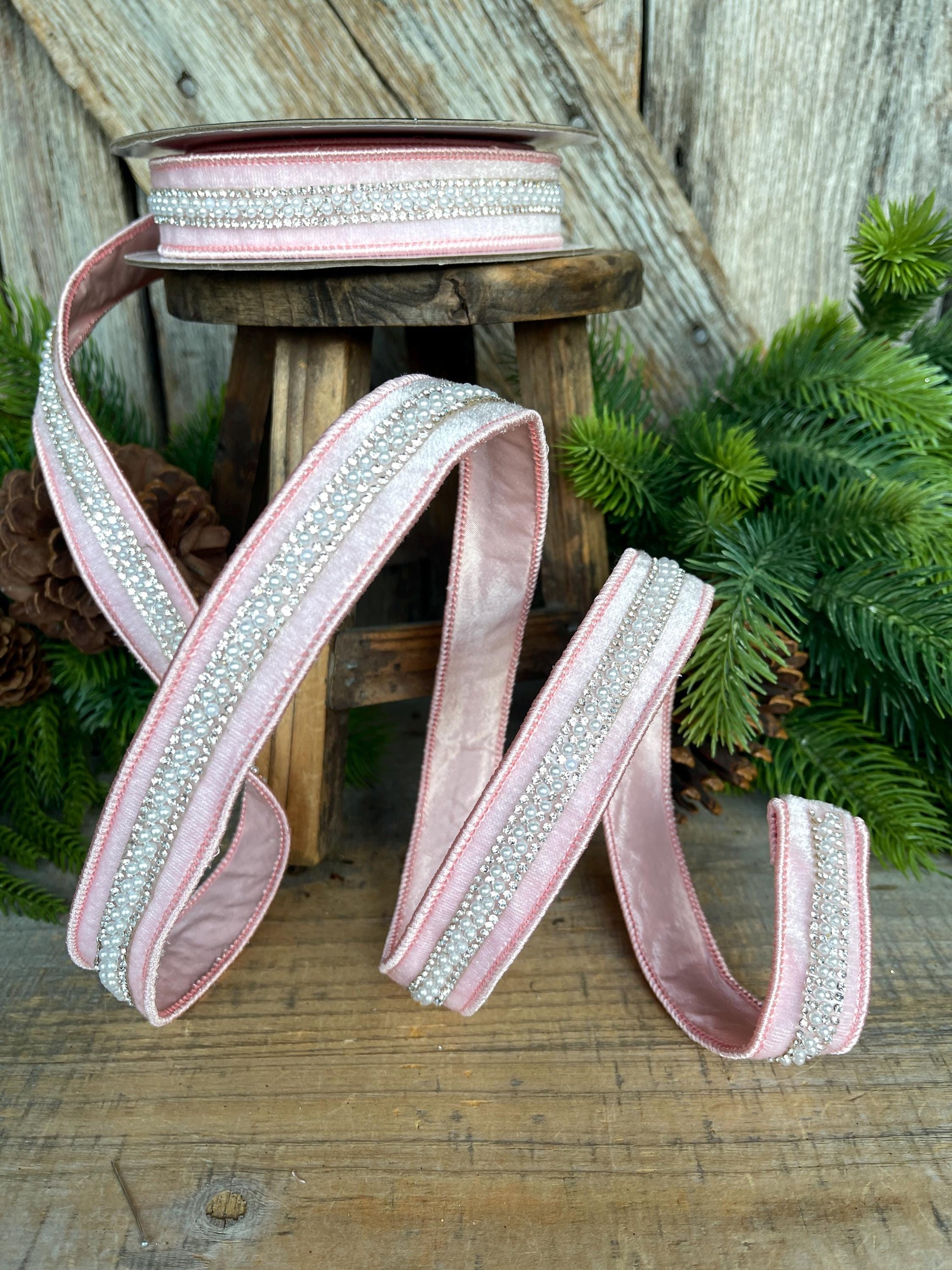 1" Pink Velvet with jewel and pearl stripe, Baby Pink Christmas Ribbon, Designer RIbbon