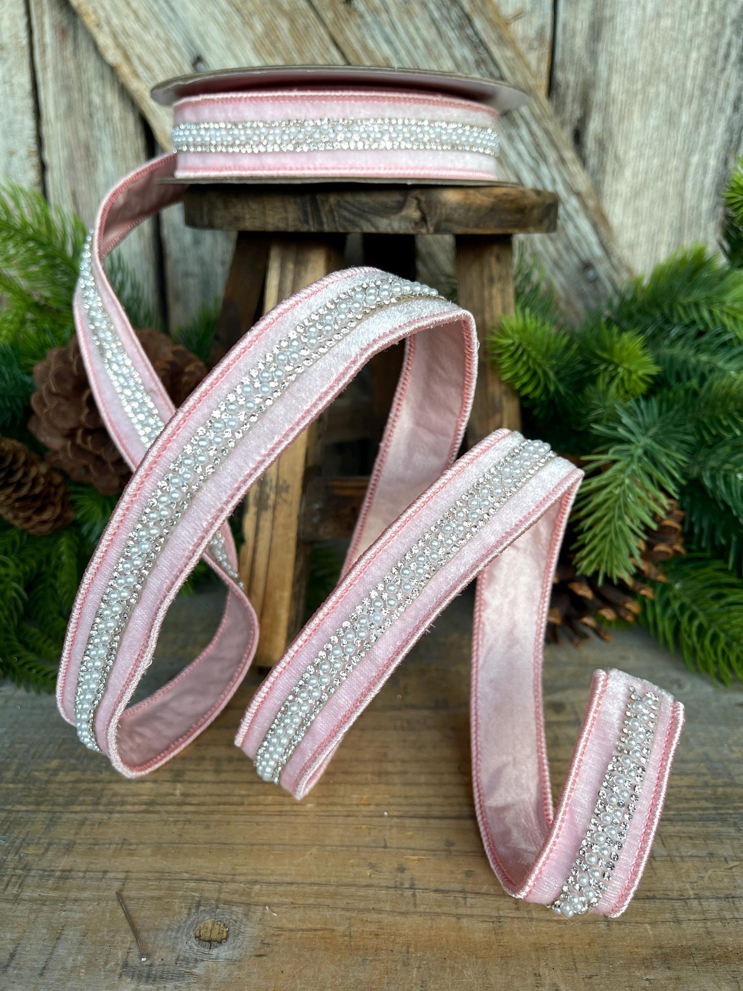 1" Pink Velvet with jewel and pearl stripe, Baby Pink Christmas Ribbon, Designer RIbbon
