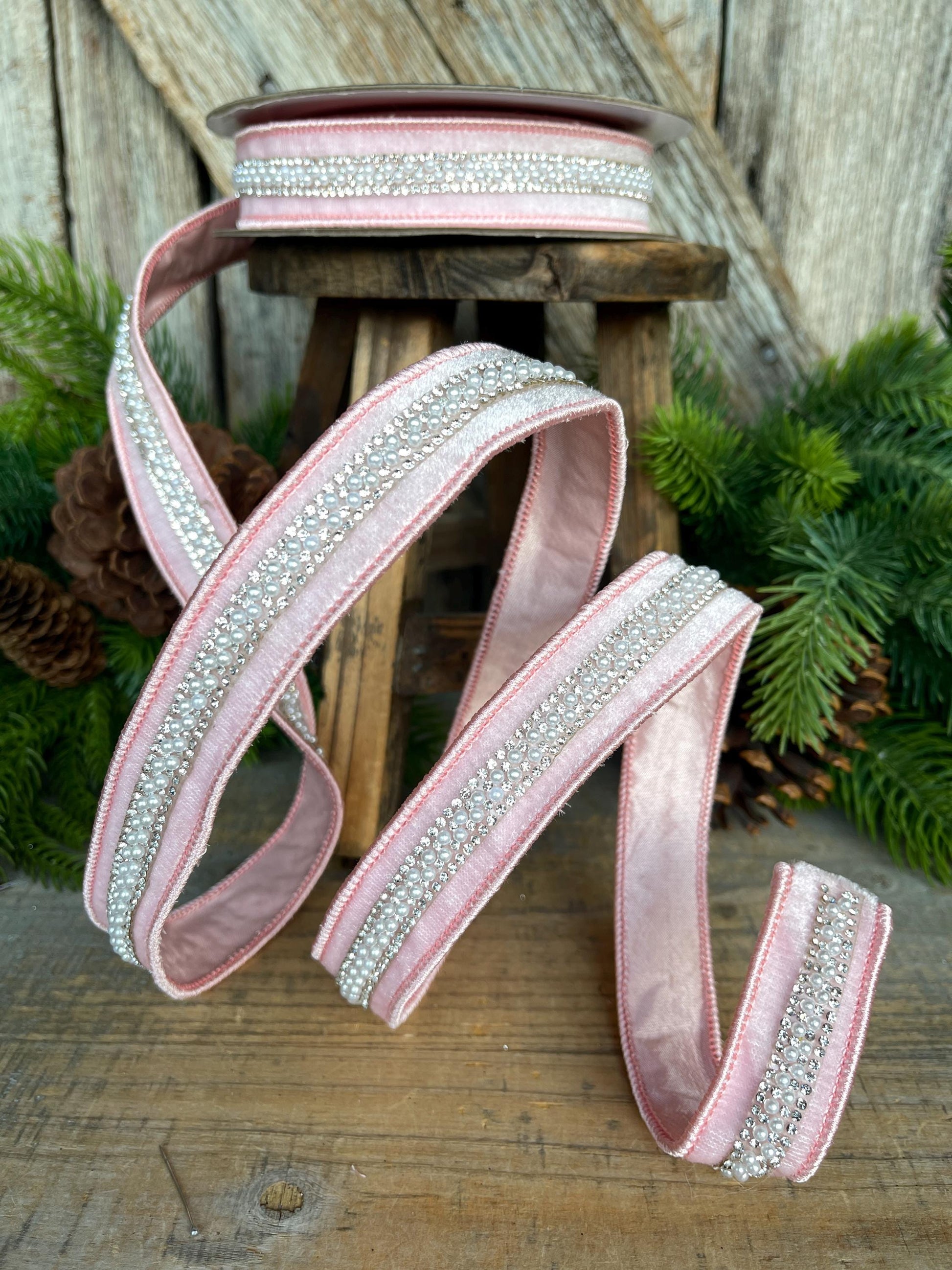 1" Pink Velvet with jewel and pearl stripe, Baby Pink Christmas Ribbon, Designer RIbbon