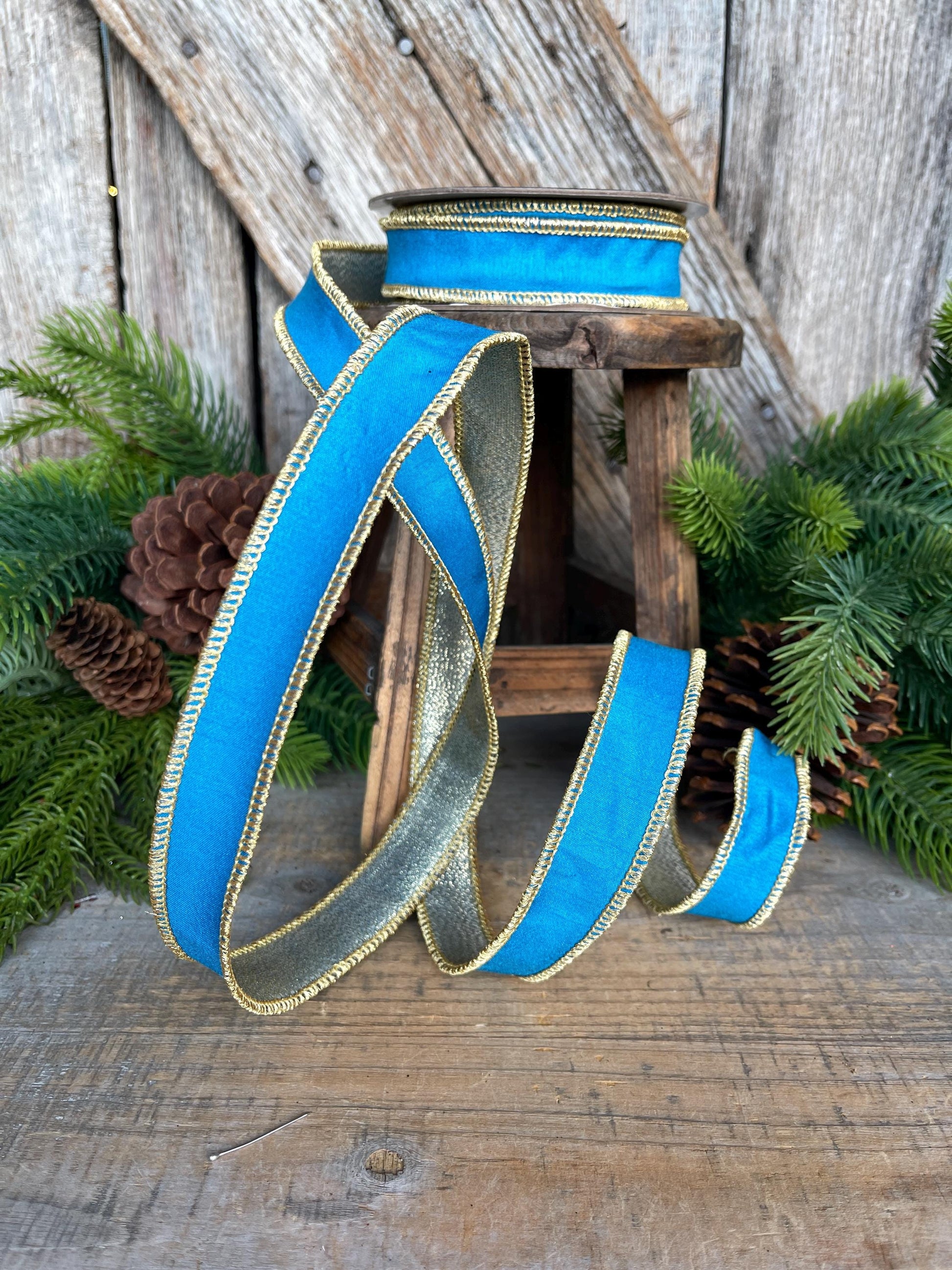 1" Blue Gold Ribbon, Blue Christmas Ribbon, Nancy Brown Ribbon