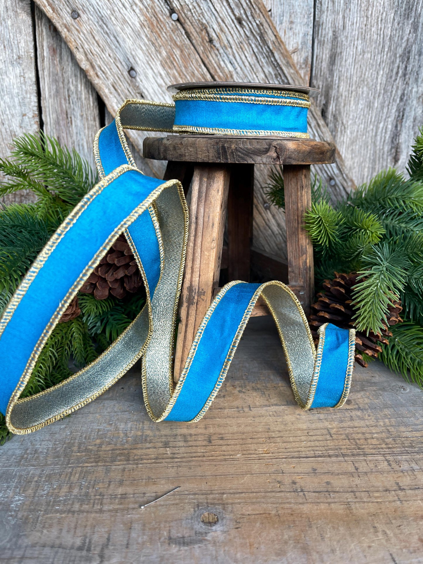 1" Blue Gold Ribbon, Blue Christmas Ribbon, Nancy Brown Ribbon