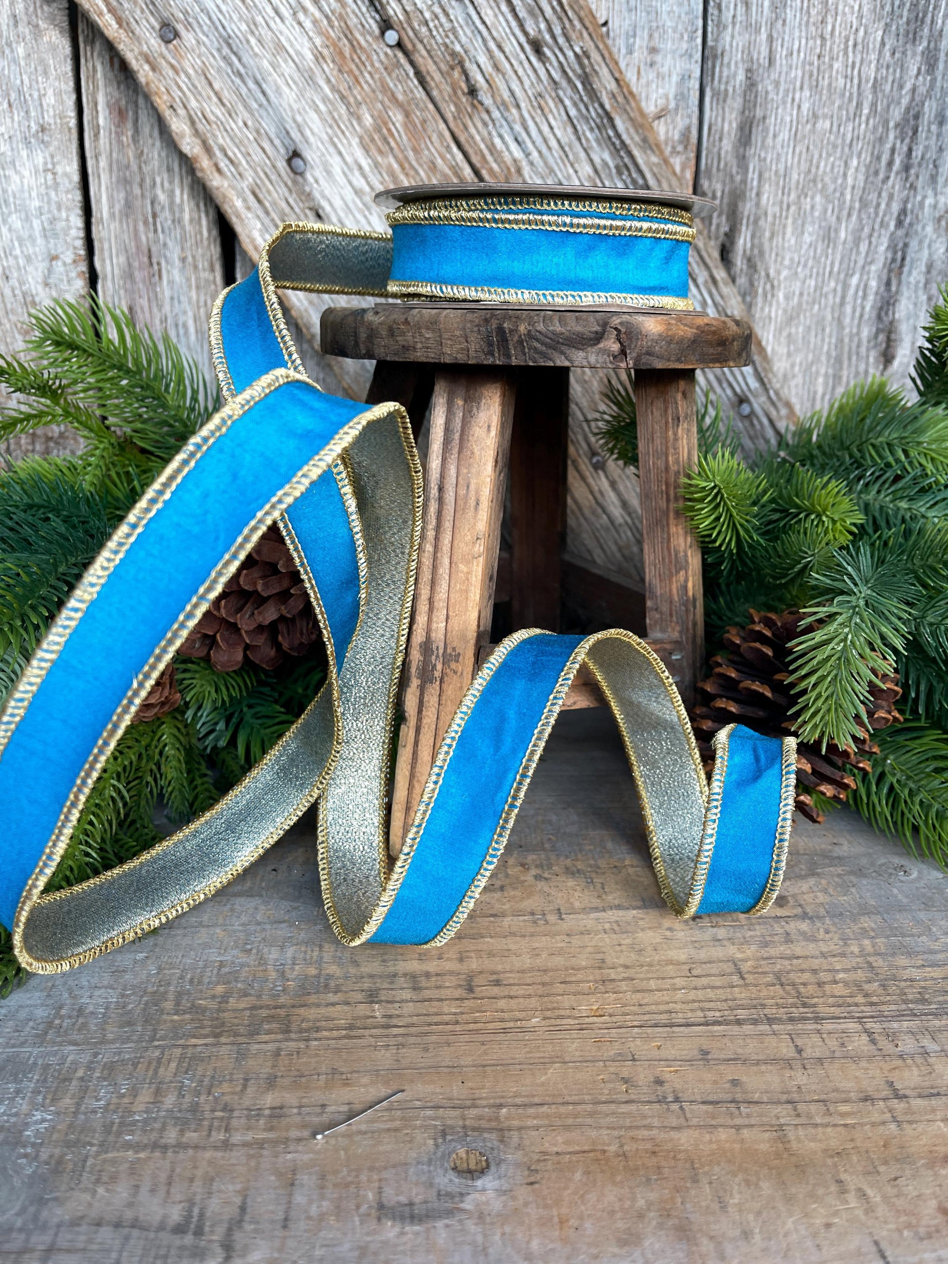 1" Blue Gold Ribbon, Blue Christmas Ribbon, Nancy Brown Ribbon
