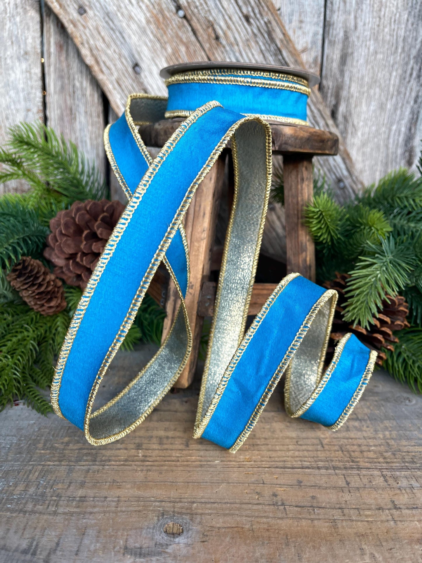 1" Blue Gold Ribbon, Blue Christmas Ribbon, Nancy Brown Ribbon