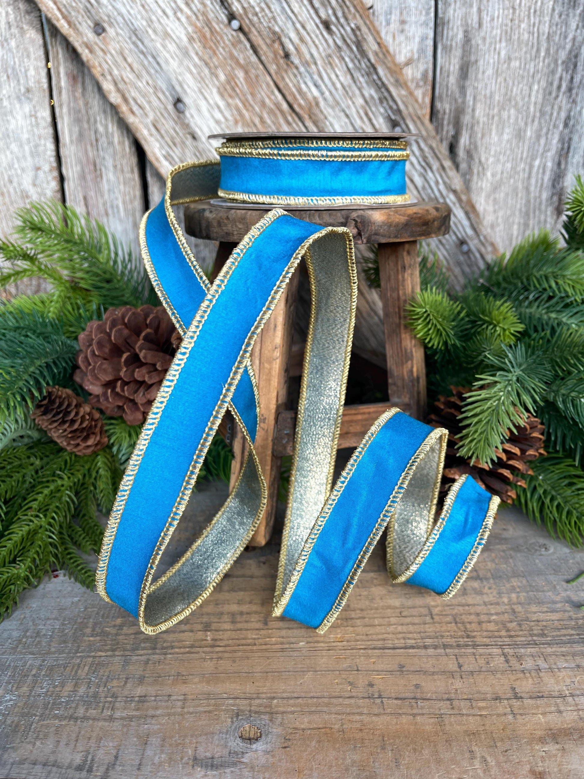 1" Blue Gold Ribbon, Blue Christmas Ribbon, Nancy Brown Ribbon