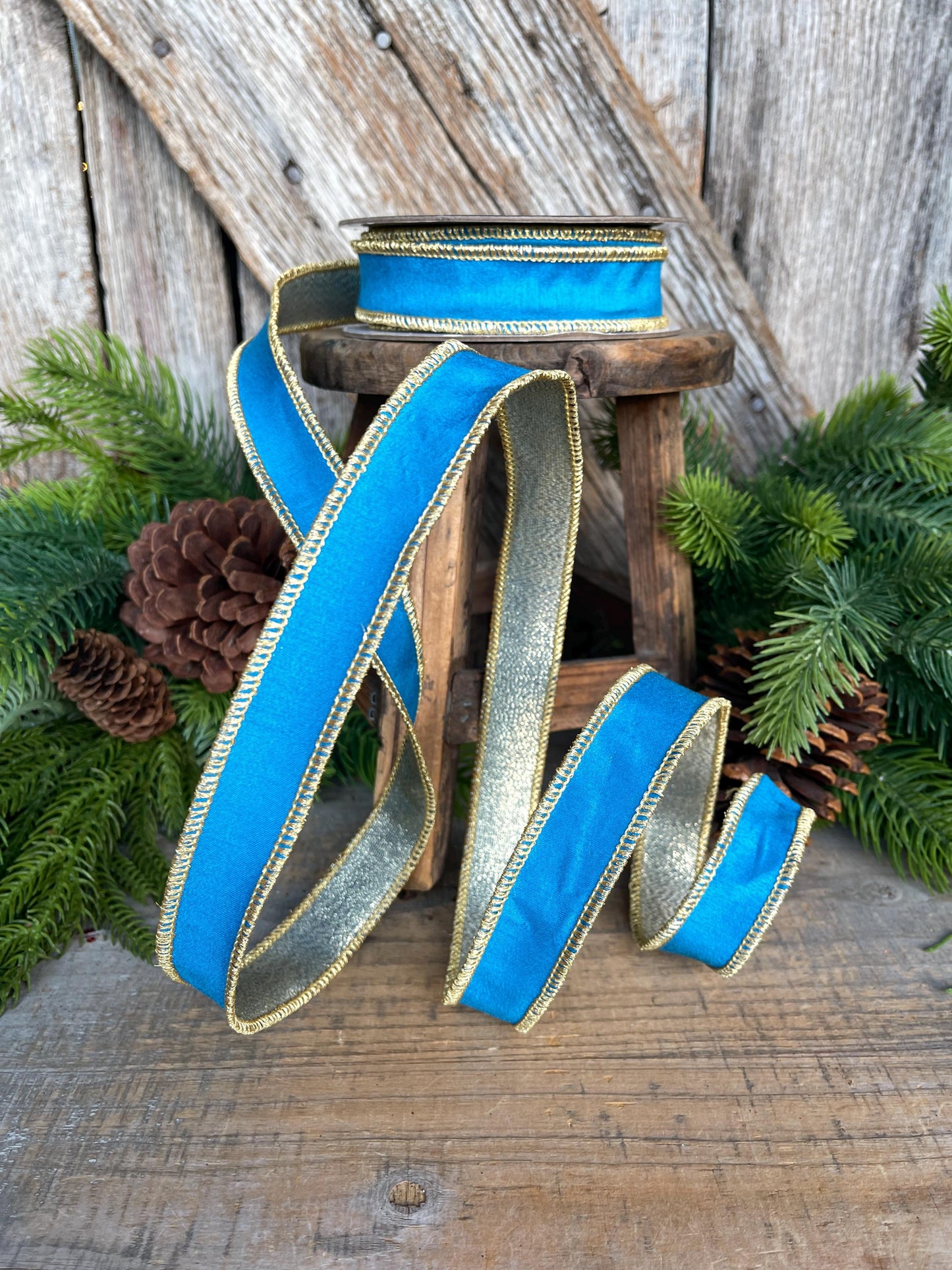 1" Blue Gold Ribbon, Blue Christmas Ribbon, Nancy Brown Ribbon