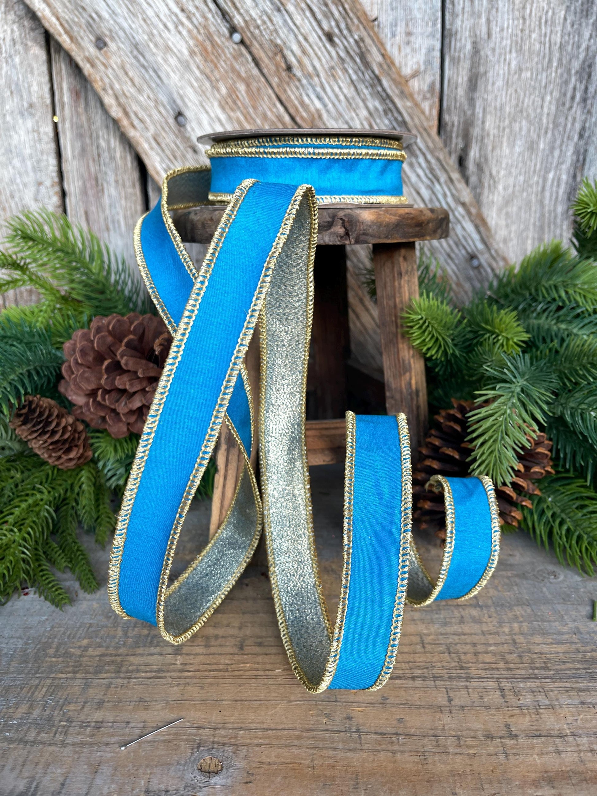1" Blue Gold Ribbon, Blue Christmas Ribbon, Nancy Brown Ribbon