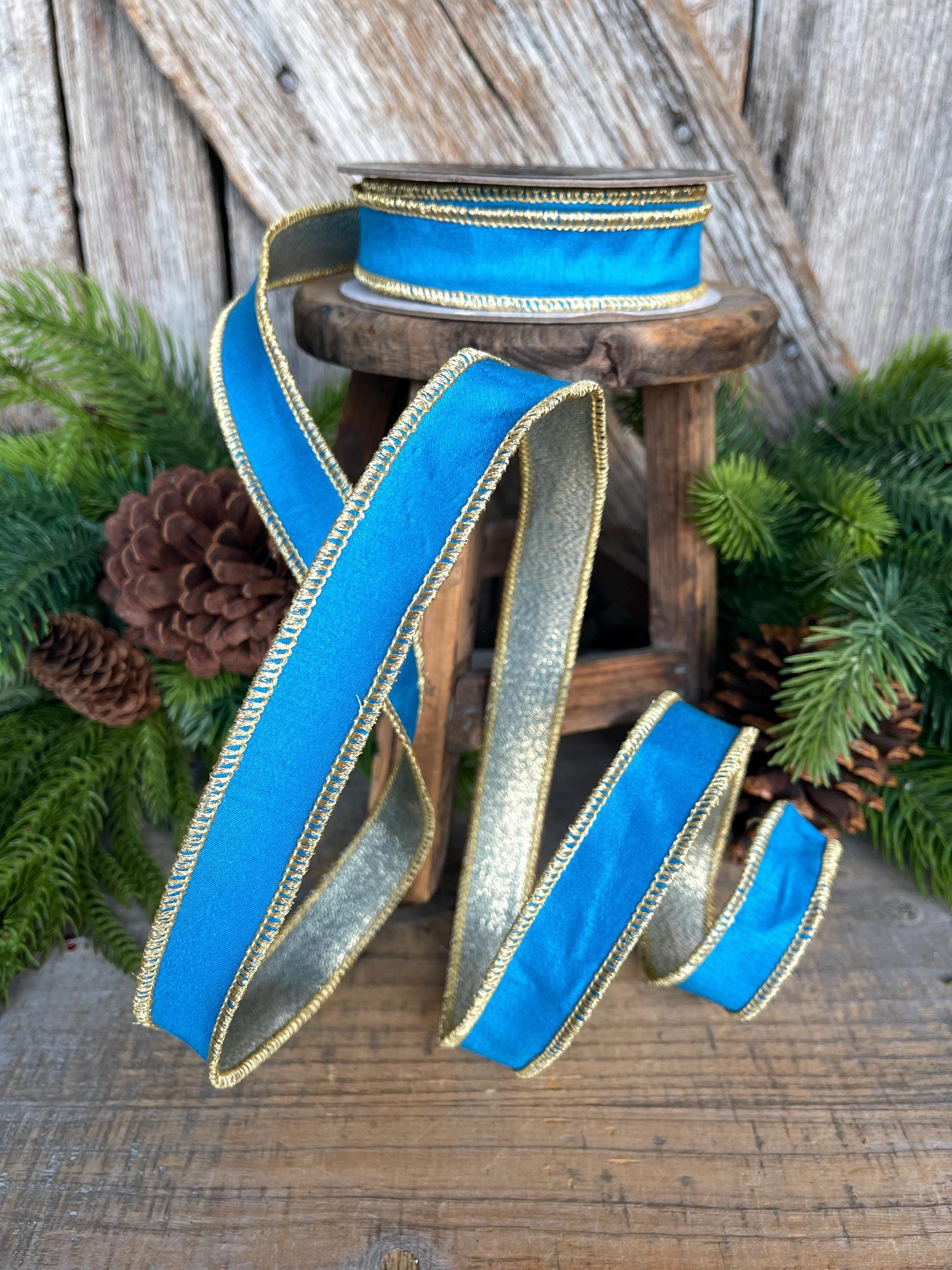 1" Blue Gold Ribbon, Blue Christmas Ribbon, Nancy Brown Ribbon