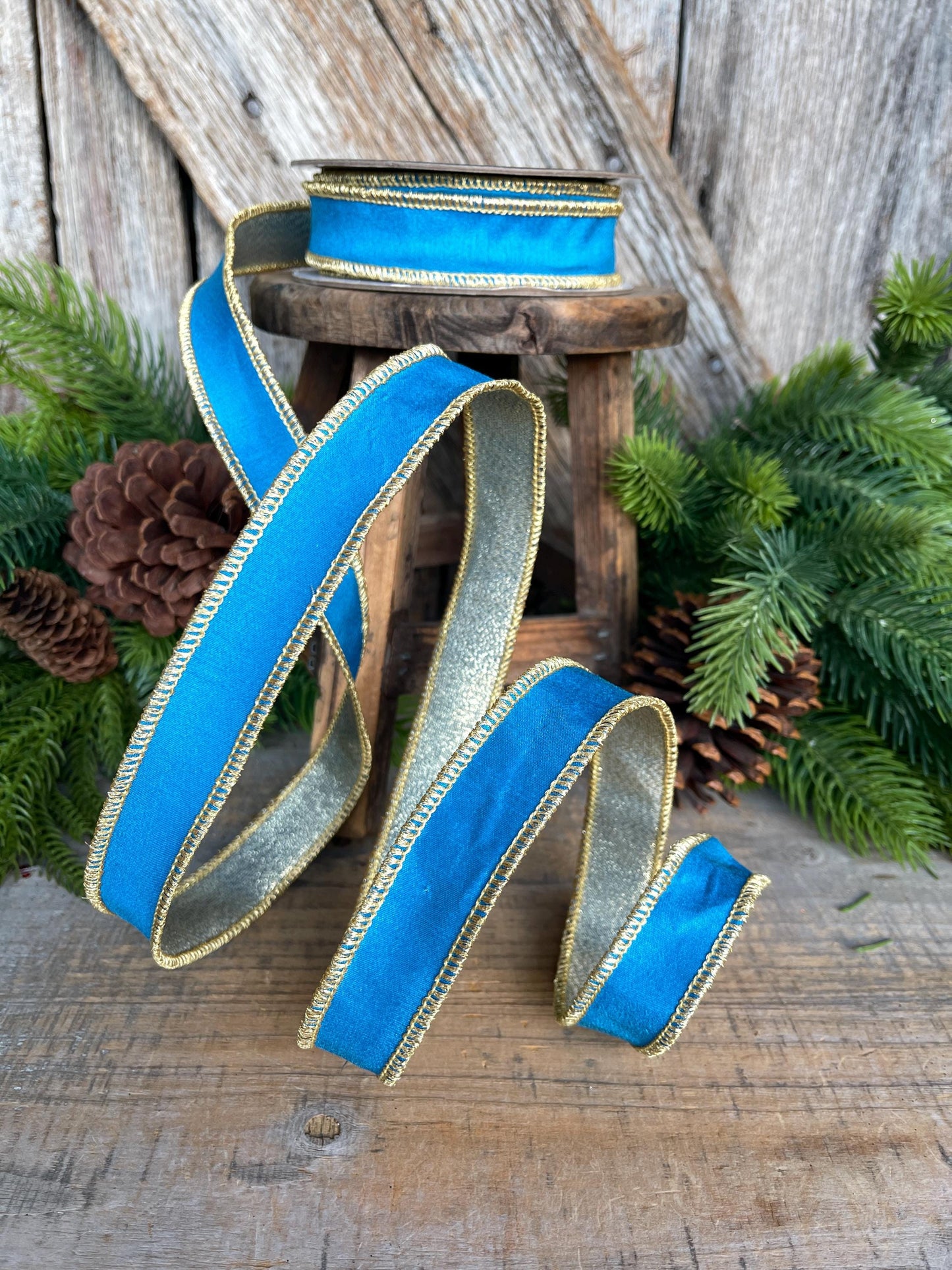 1" Blue Gold Ribbon, Blue Christmas Ribbon, Nancy Brown Ribbon