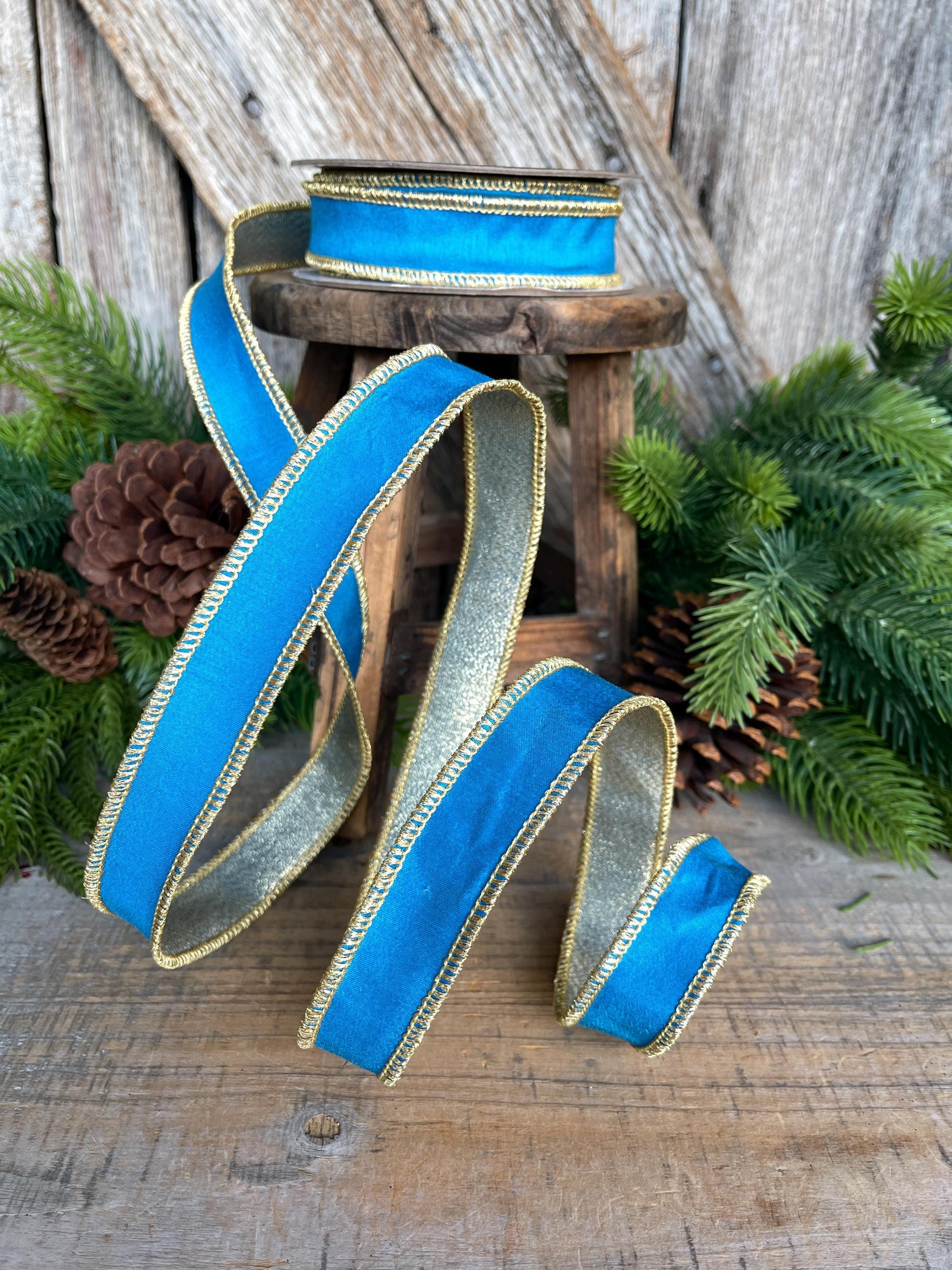 1" Blue Gold Ribbon, Blue Christmas Ribbon, Nancy Brown Ribbon