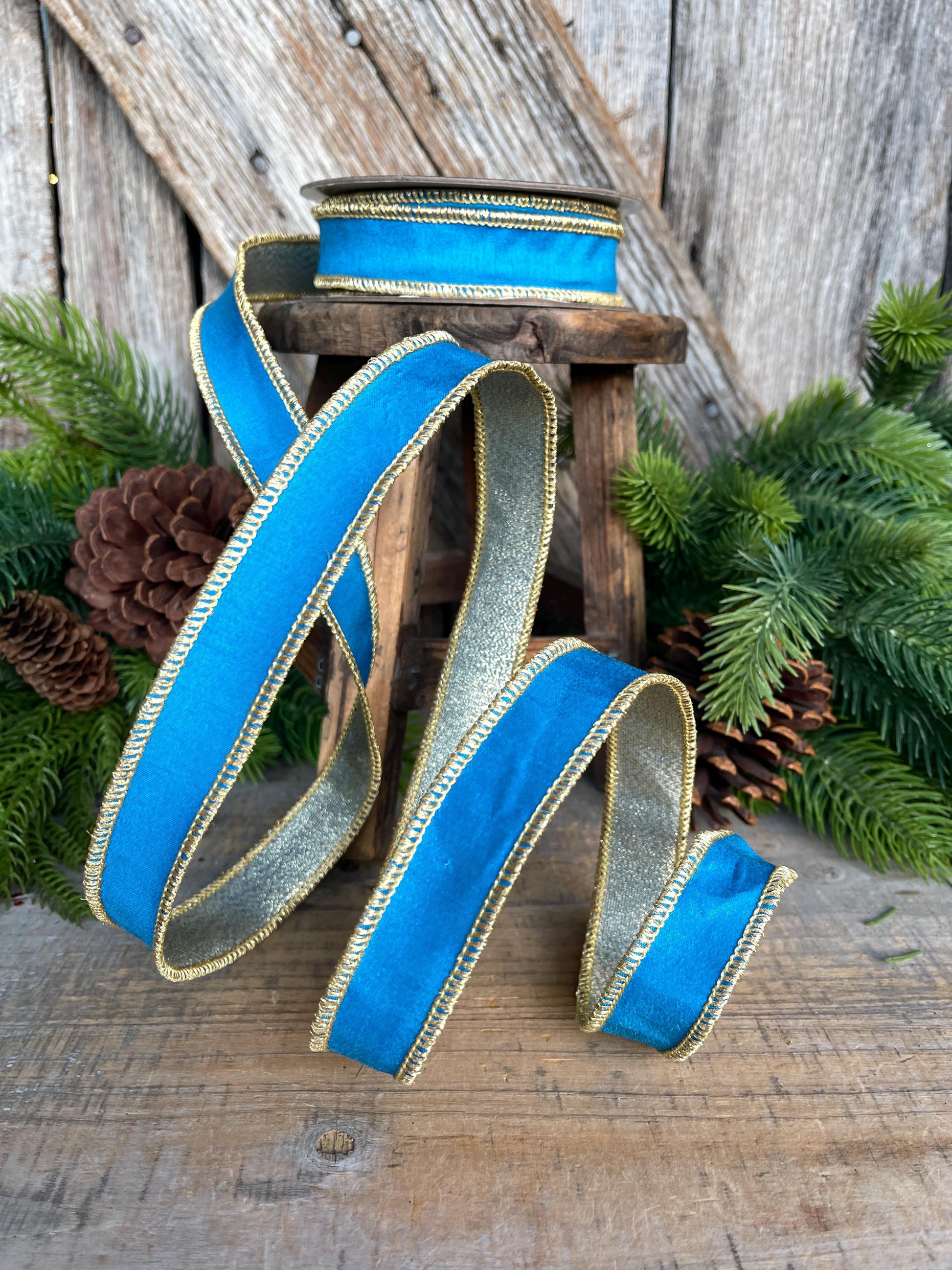 1" Blue Gold Ribbon, Blue Christmas Ribbon, Nancy Brown Ribbon