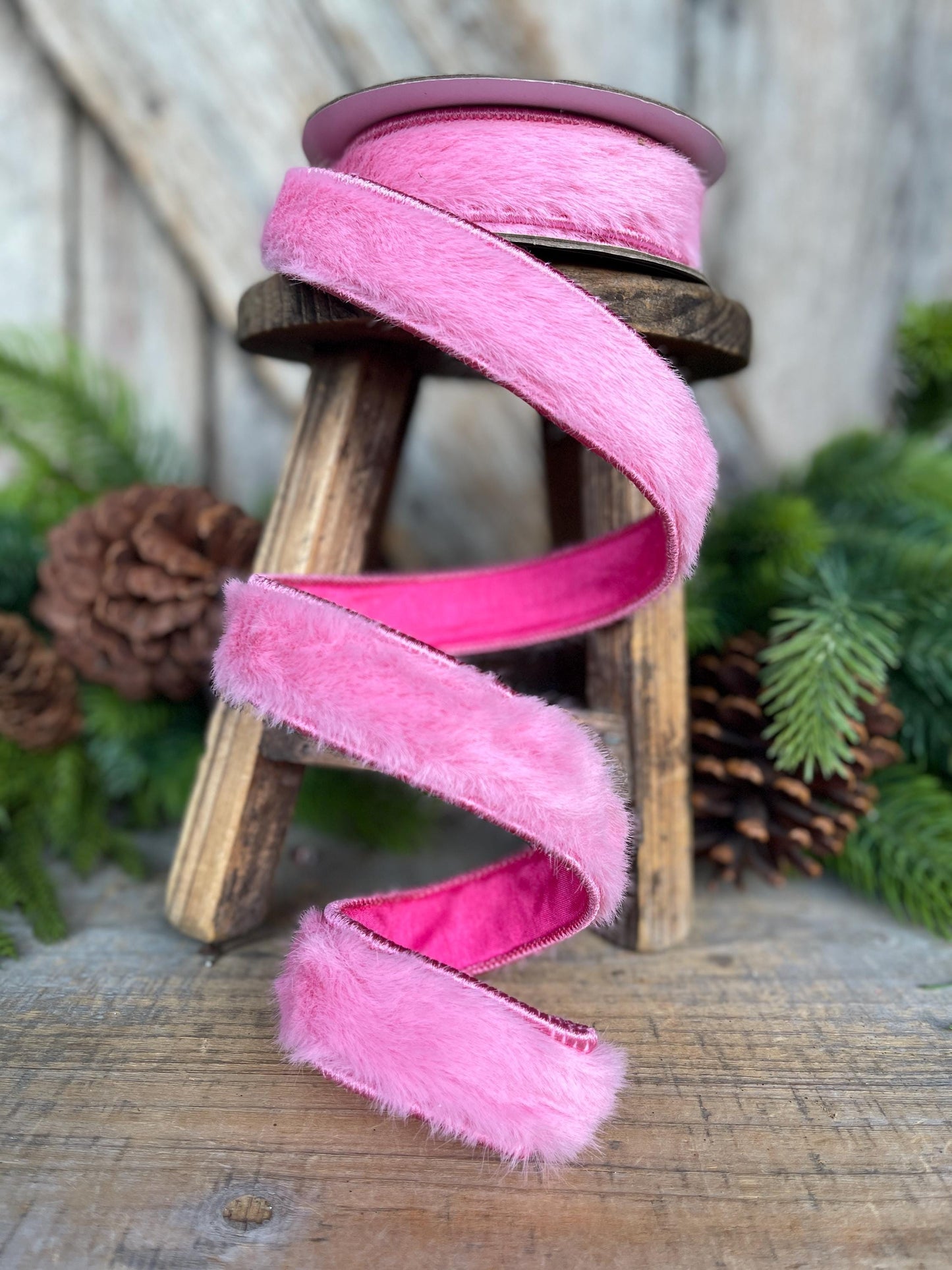 1" Pink Fur Ribbon, Bubblegum Pink Fur Ribbon Trim, Pink Christmas RIbbon