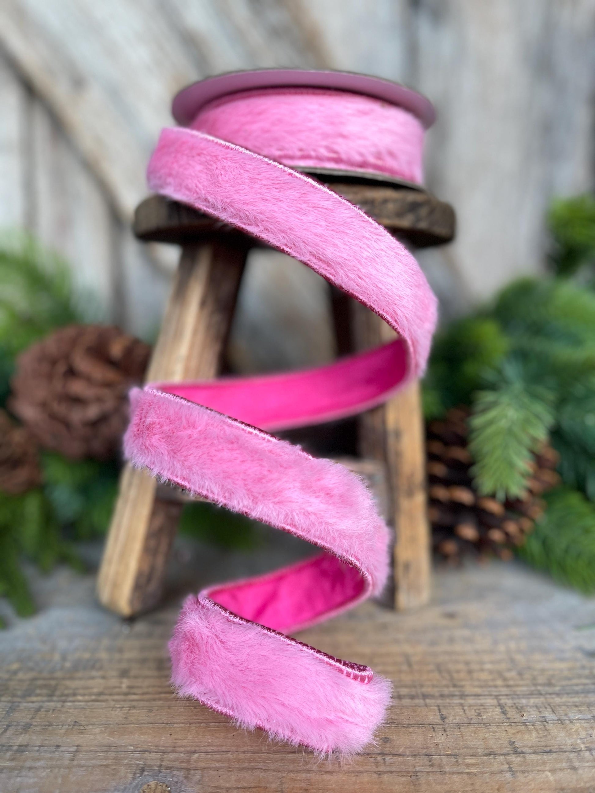 1" Pink Fur Ribbon, Bubblegum Pink Fur Ribbon Trim, Pink Christmas RIbbon