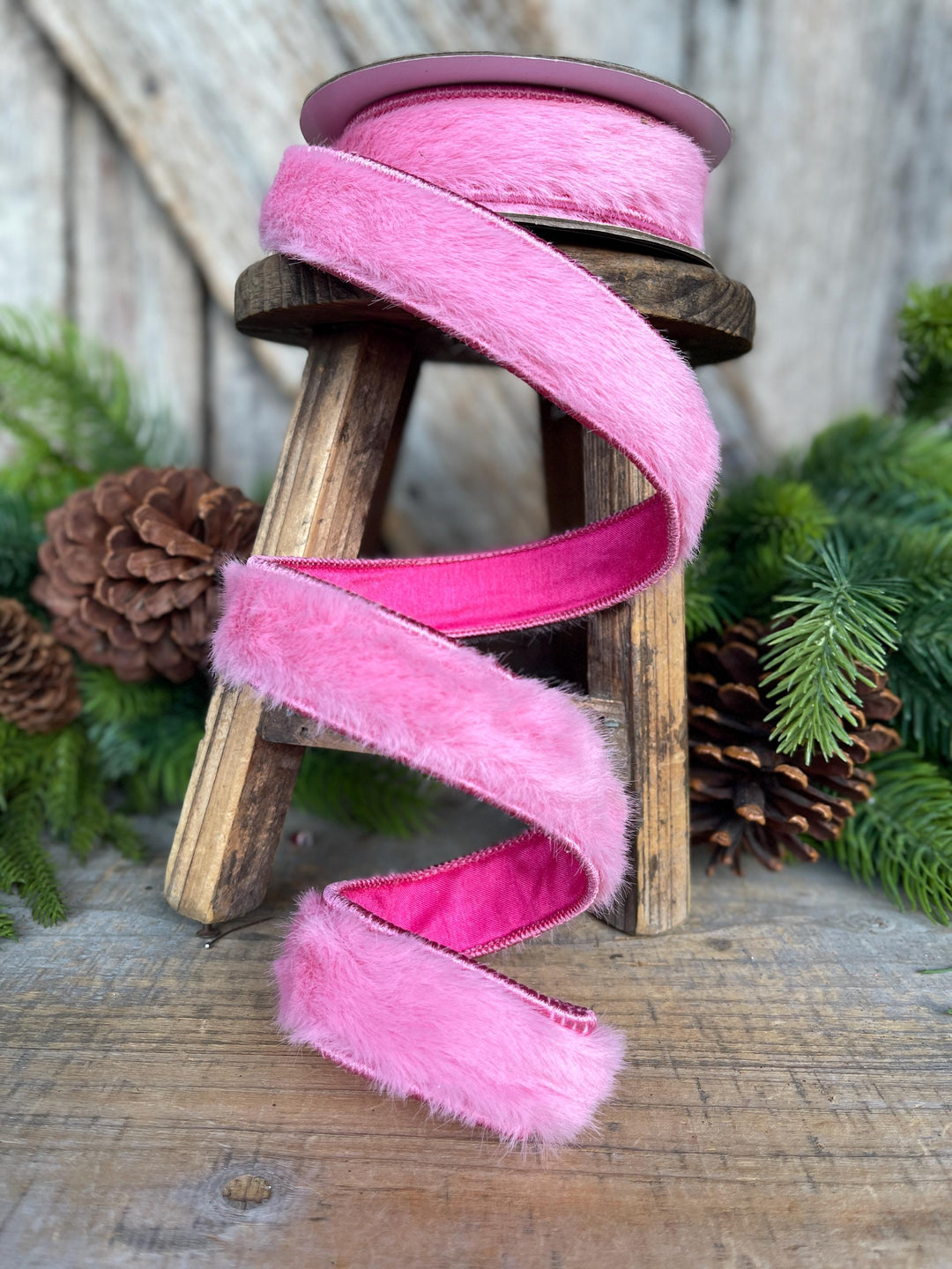 1" Pink Fur Ribbon, Bubblegum Pink Fur Ribbon Trim, Pink Christmas RIbbon