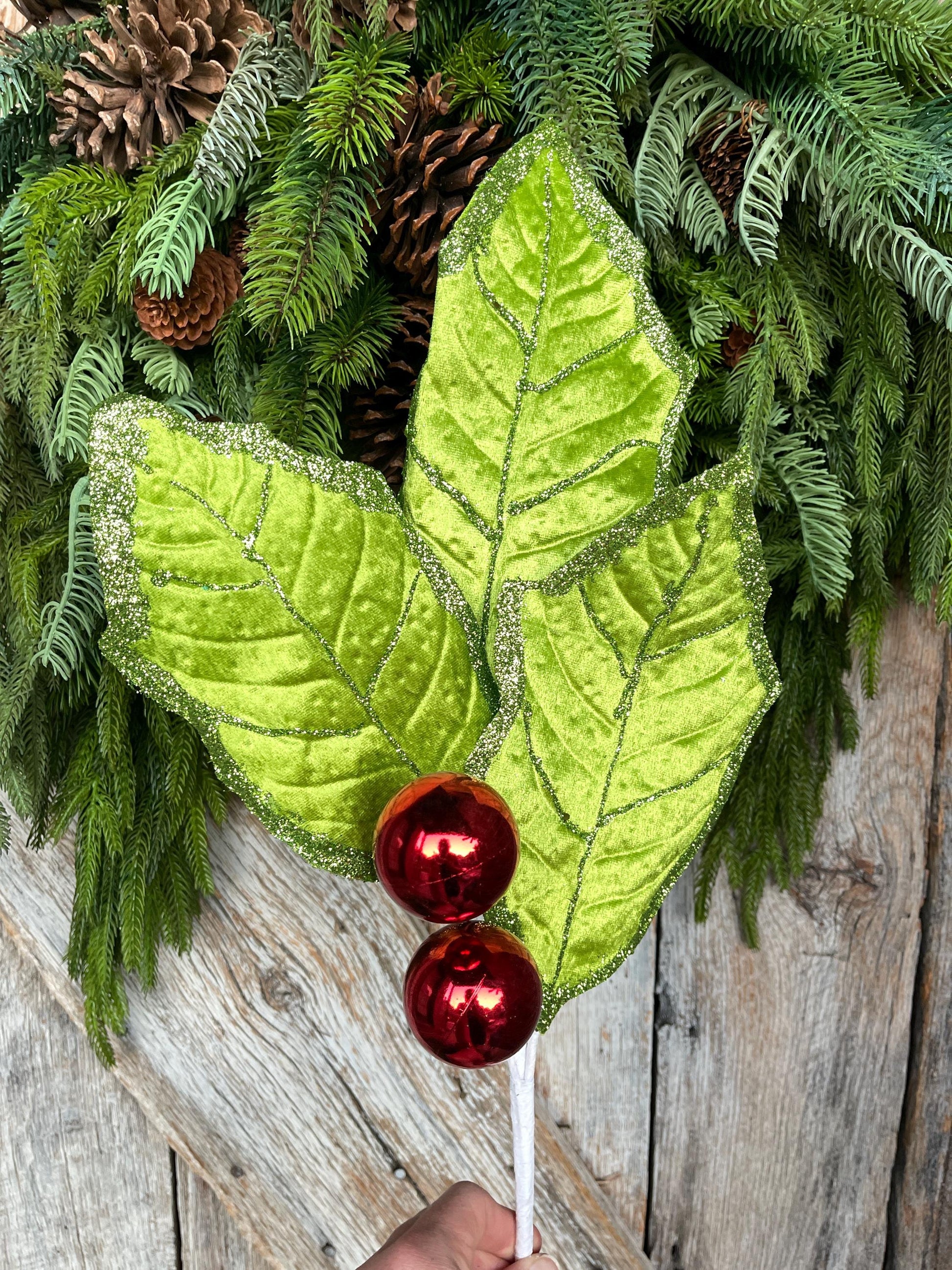 30" Lime Green Holly Leaf Spray, Christmas Holly Leaf Floral Stem, Green Floral Picks Stems