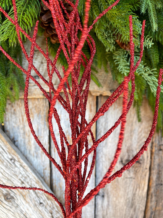 30" Red Glitter Twig Christmas Spray, Christmas Tree Topper Spray