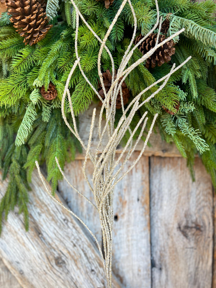 30" Champagne Gold Glitter Twig, Gold Christmas Spray, Christmas Tree Topper Spray