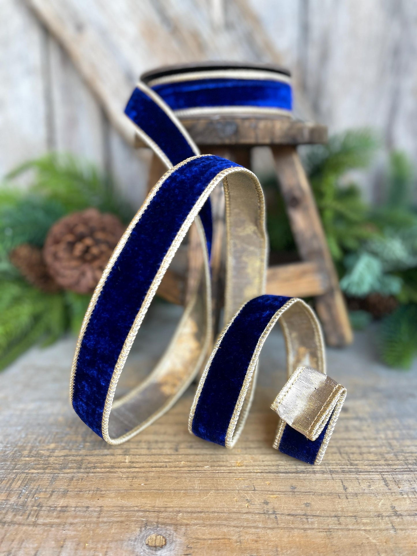 Cobalt Blue Velvet Wired Ribbon: 1" x 5 Yards, Gold Backing