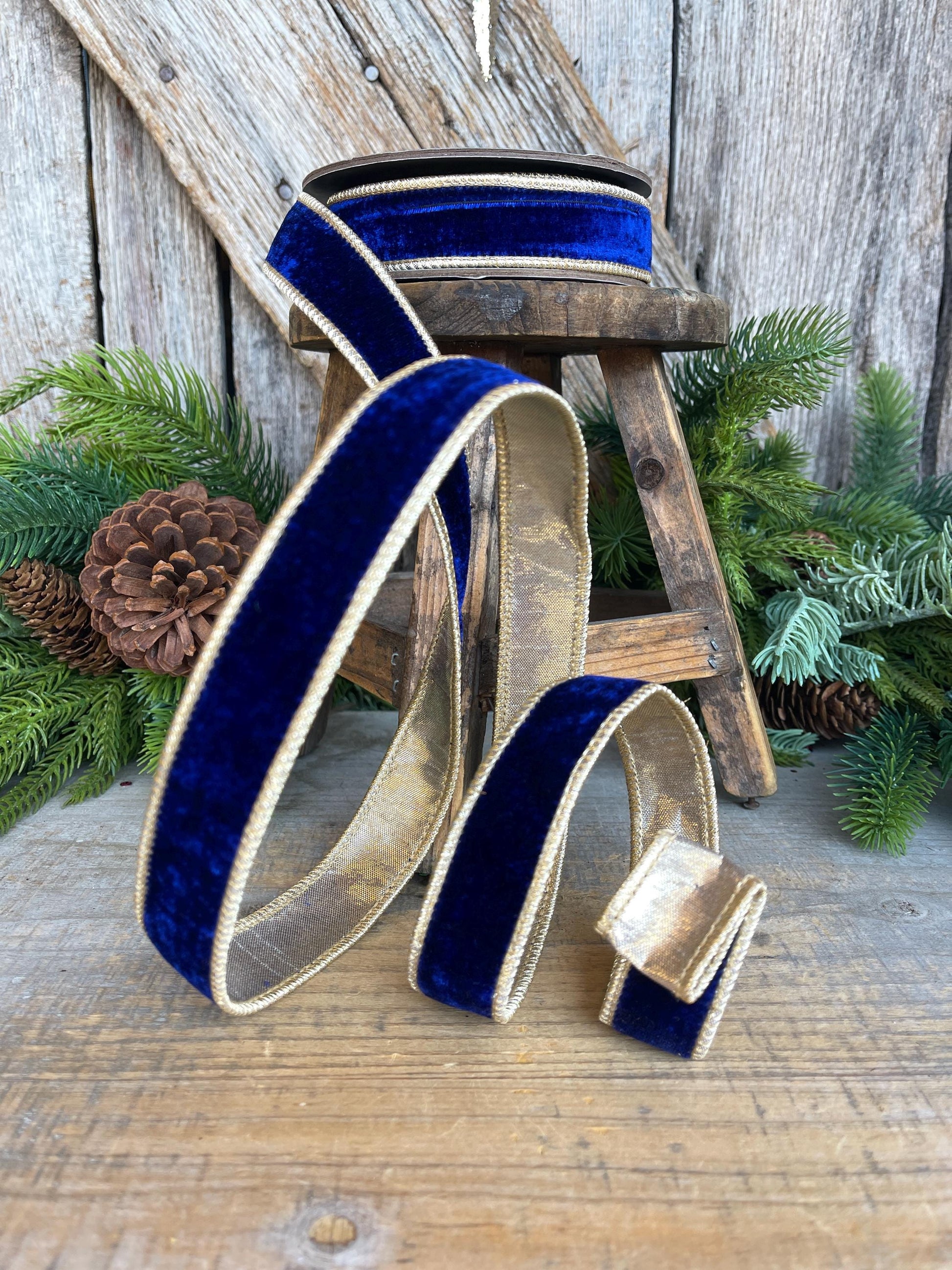 Cobalt Blue Velvet Wired Ribbon: 1" x 5 Yards, Gold Backing