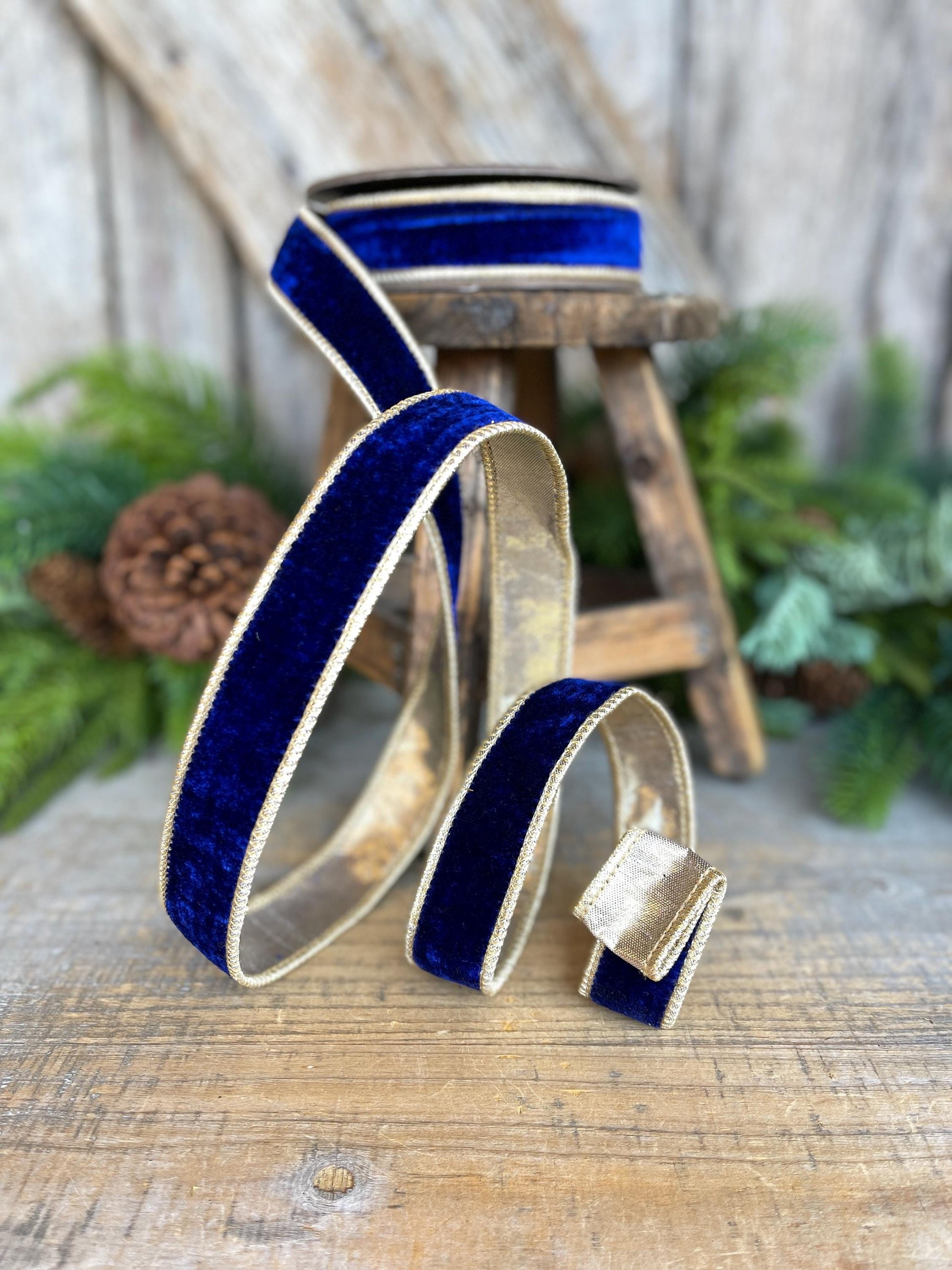 Cobalt Blue Velvet Wired Ribbon: 1" x 5 Yards, Gold Backing