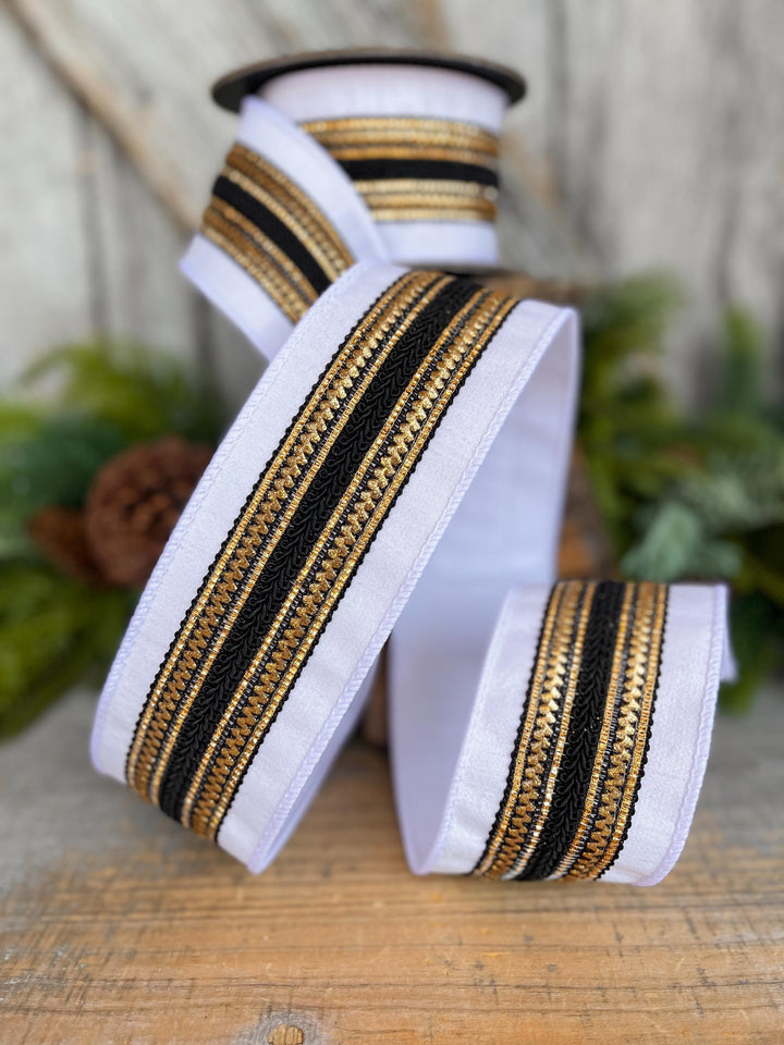 2.5" White Black Gold Ribbon, Christmas Ribbon, Designer Ribbon