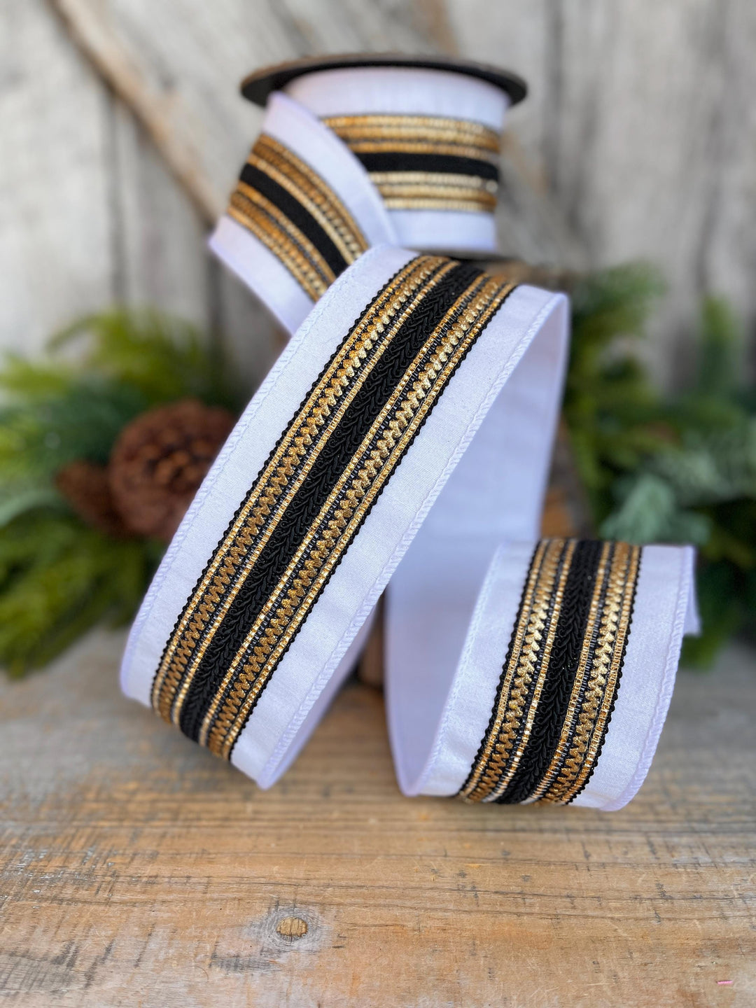 2.5" White Black Gold Ribbon, Christmas Ribbon