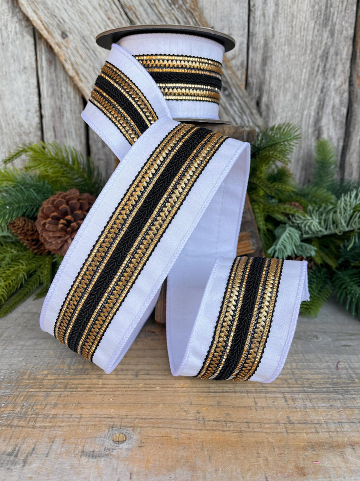 2.5" White Black Gold Ribbon, Christmas Ribbon, Designer Ribbon