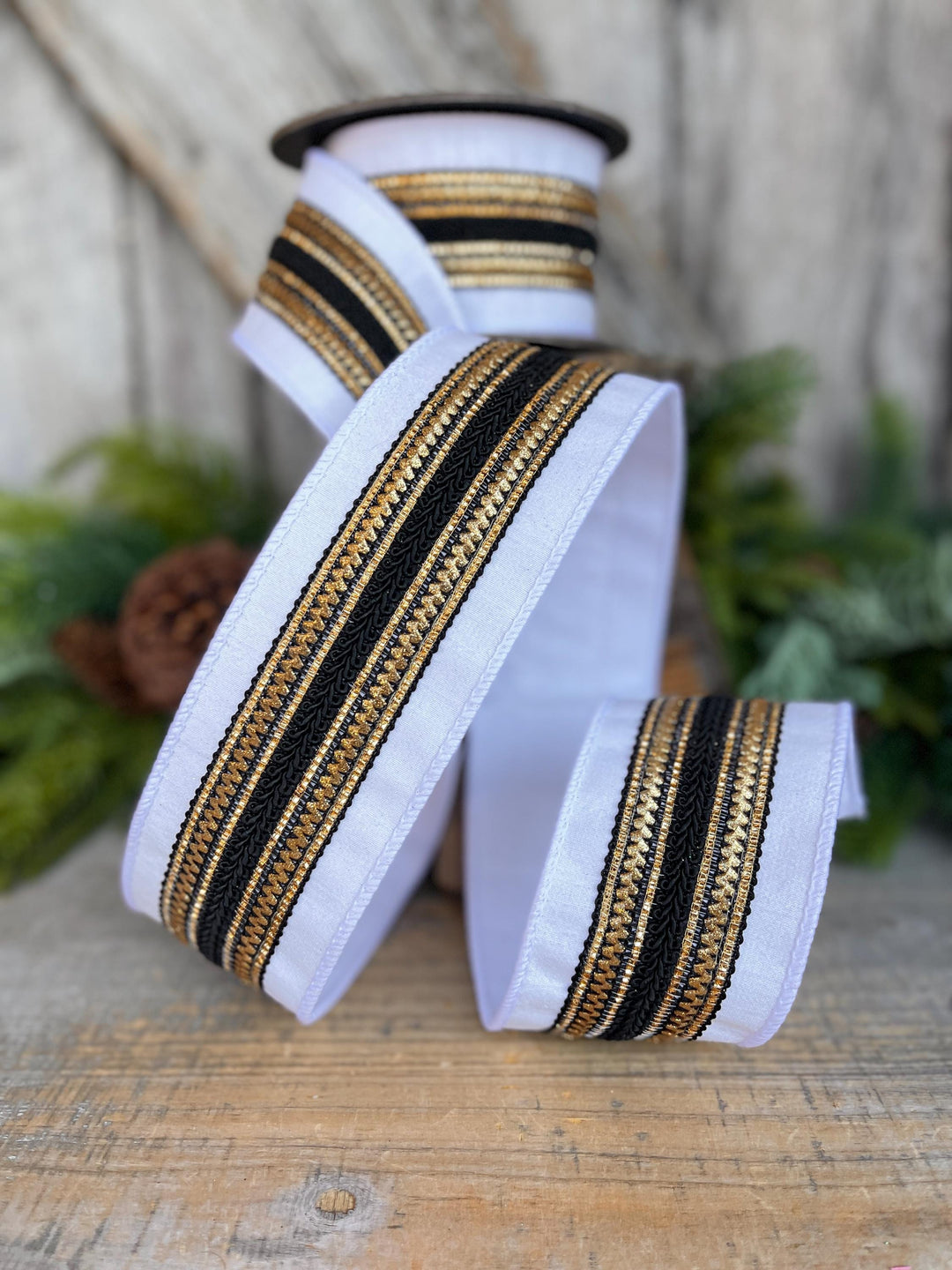 2.5" White Black Gold Ribbon, Christmas Ribbon, Designer Ribbon
